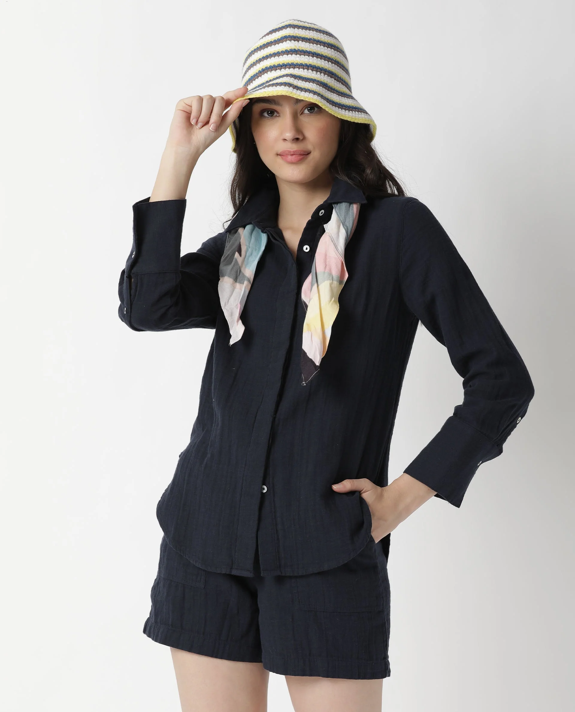 Rareism Womens Lock Navy Top Cotton Fabric Regular Fit Cuffed Sleeve Collared Neck - Image 10