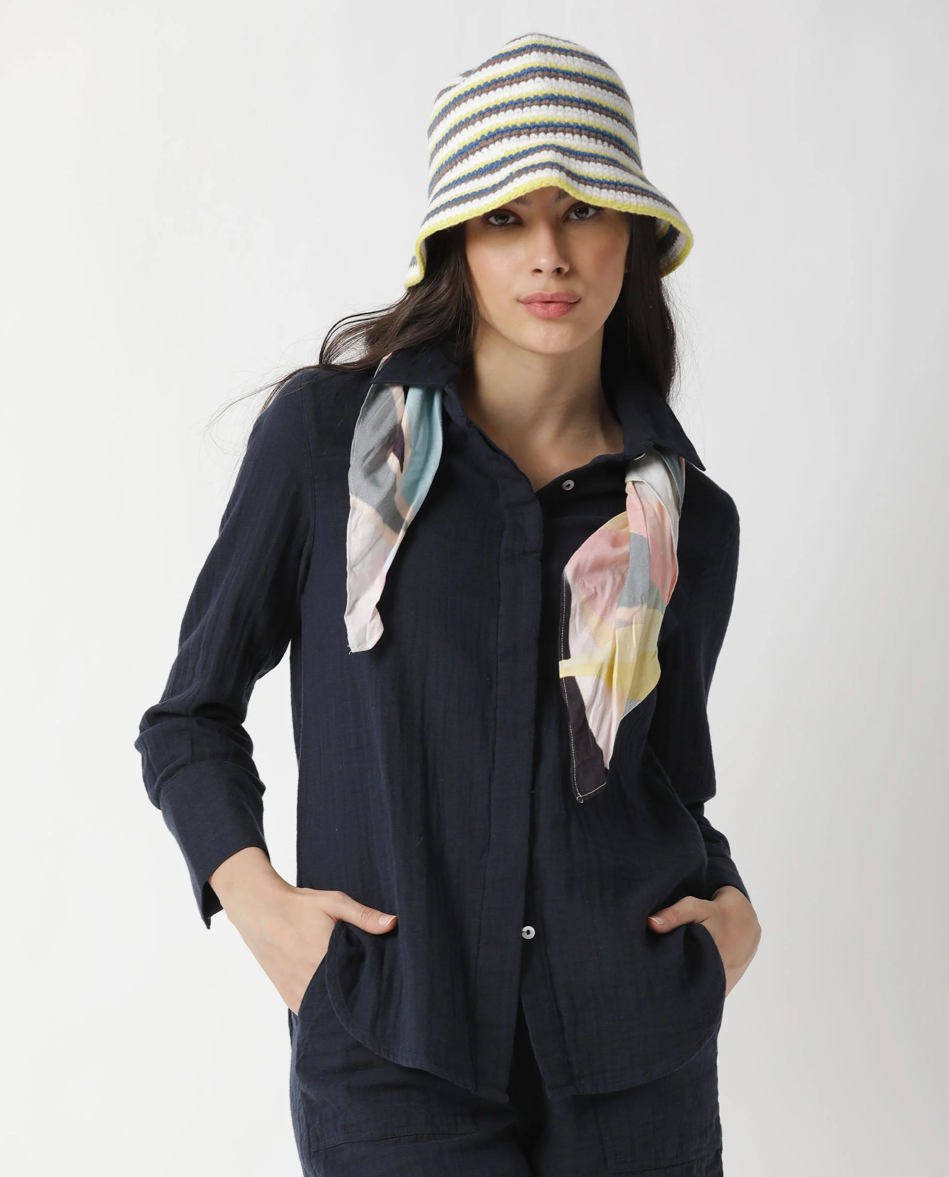 Rareism Womens Lock Navy Top Cotton Fabric Regular Fit Cuffed Sleeve Collared Neck - Image 11