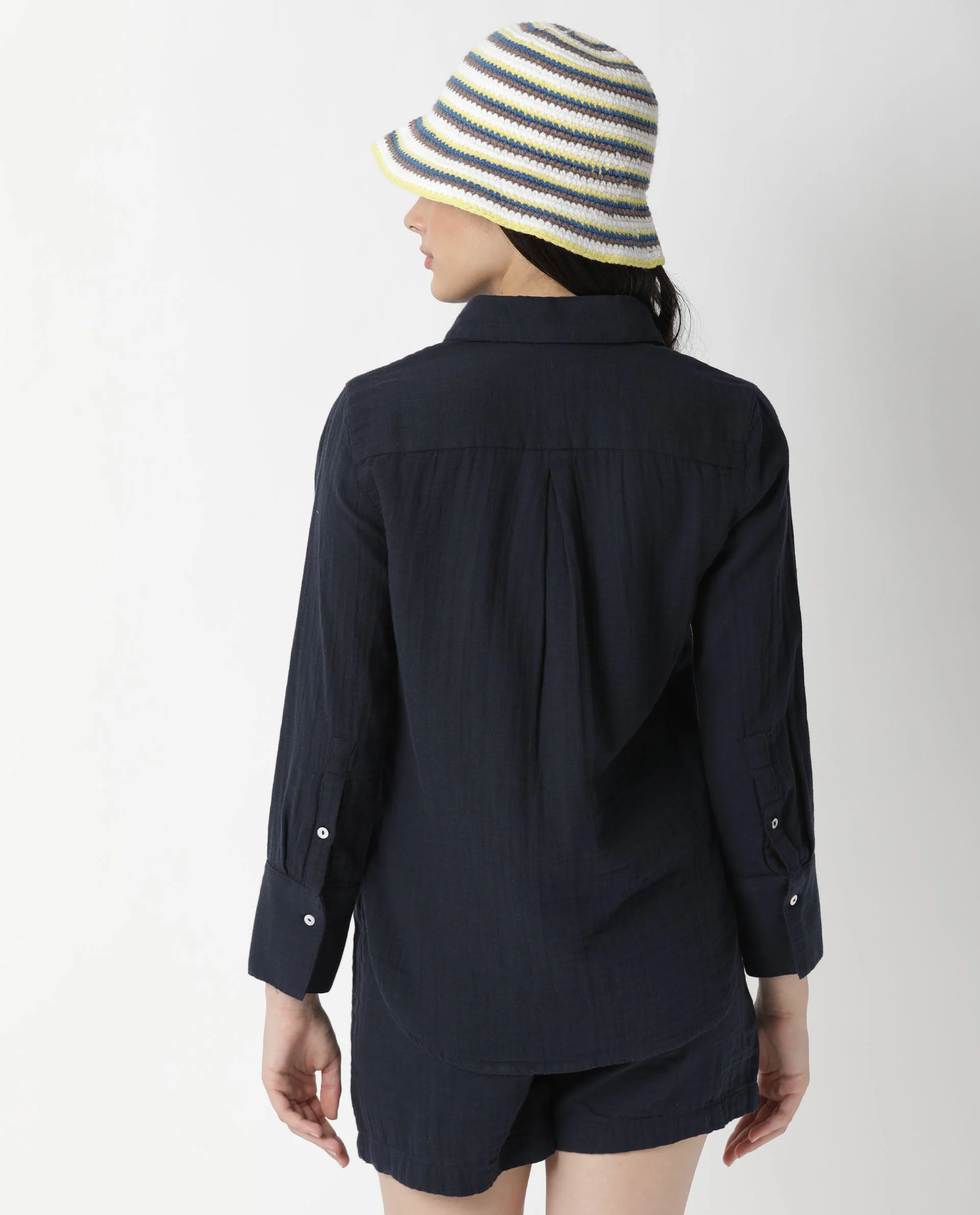 Rareism Womens Lock Navy Top Cotton Fabric Regular Fit Cuffed Sleeve Collared Neck - Image 12