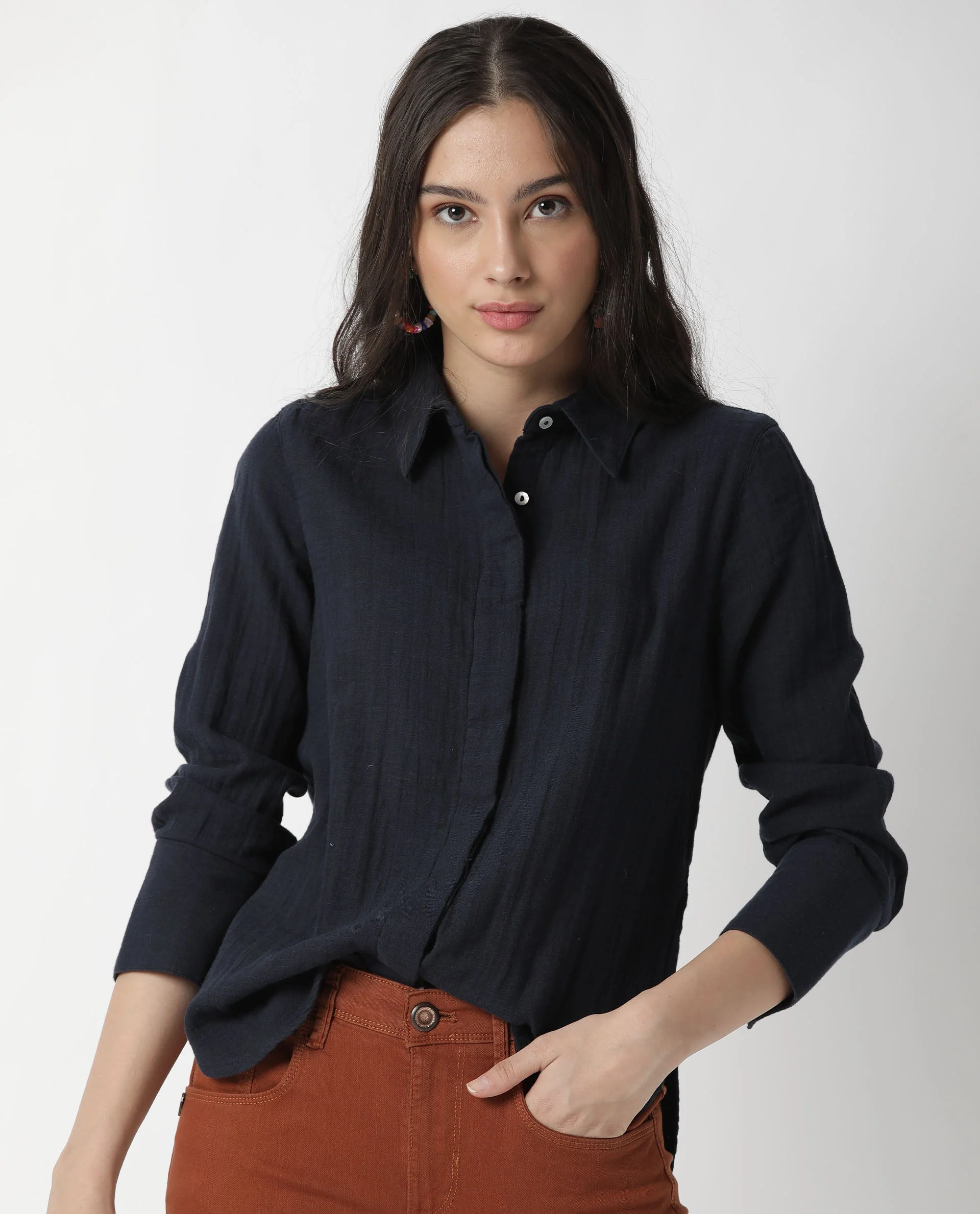 Rareism Womens Lock Navy Top Cotton Fabric Regular Fit Cuffed Sleeve Collared Neck - Image 13