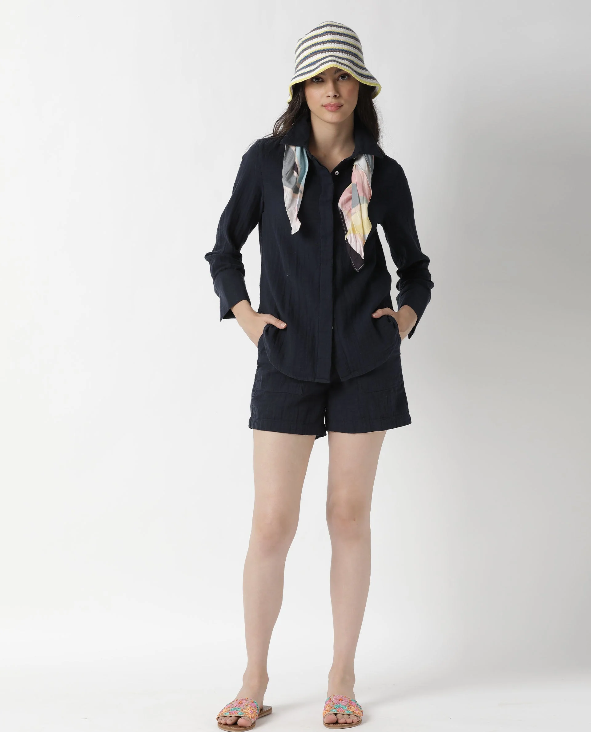Rareism Womens Lock Navy Top Cotton Fabric Regular Fit Cuffed Sleeve Collared Neck - Image 14