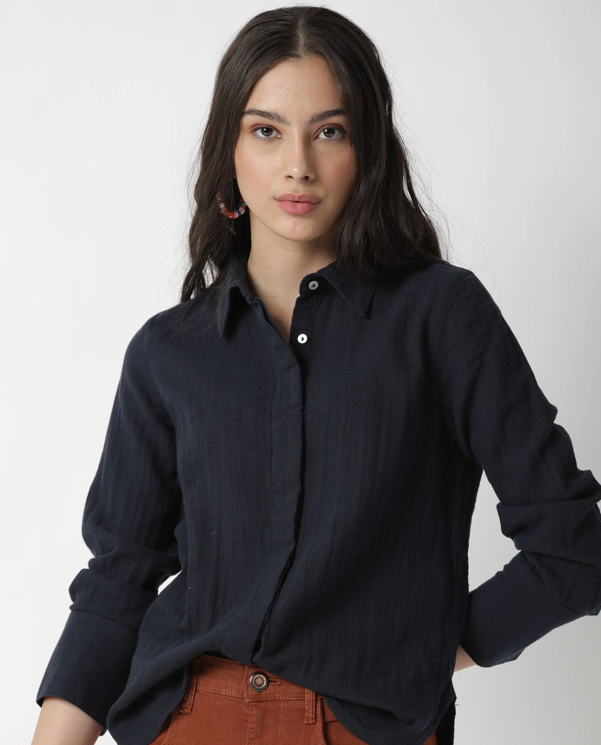 Rareism Womens Lock Navy Top Cotton Fabric Regular Fit Cuffed Sleeve Collared Neck - Image 15