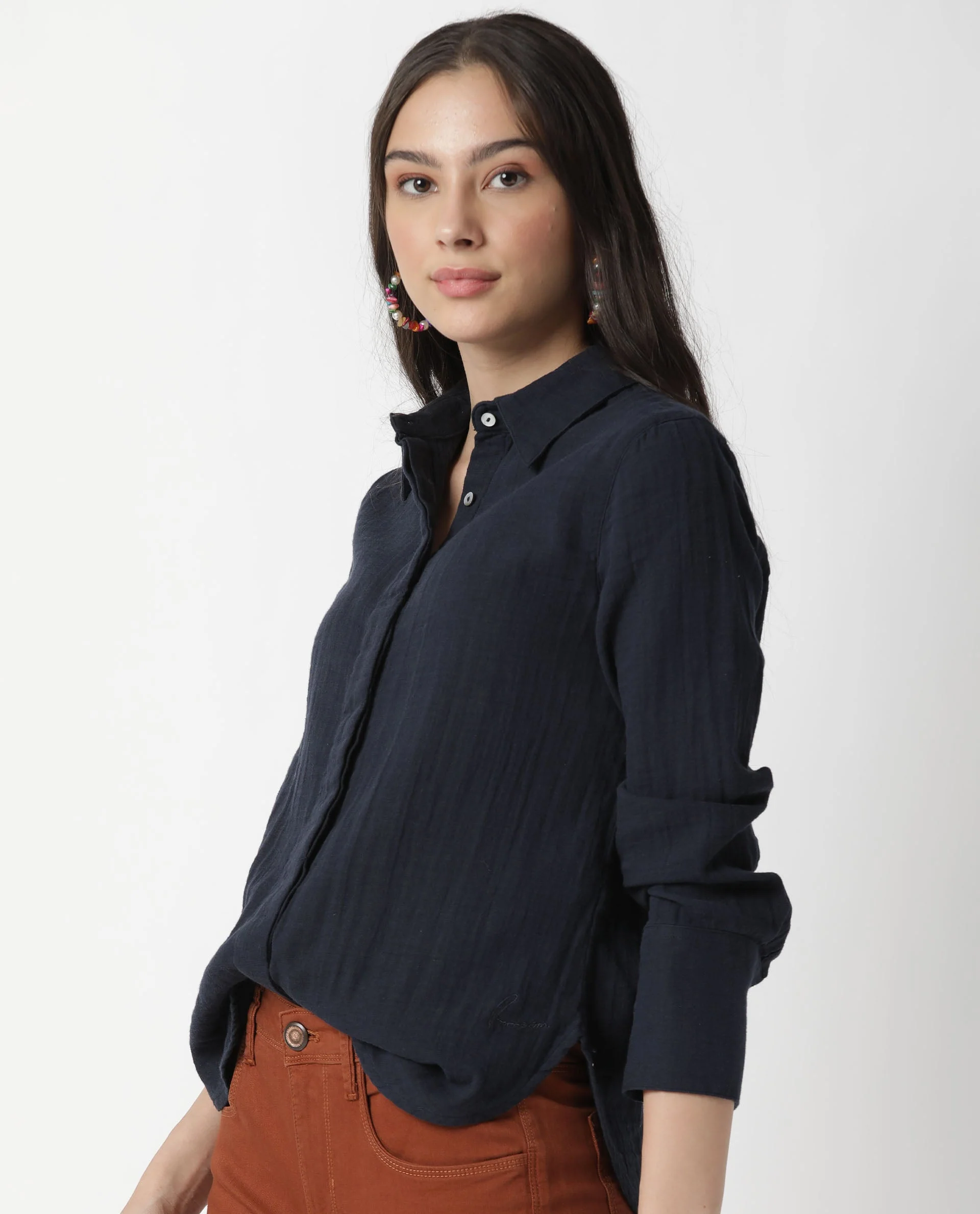Rareism Womens Lock Navy Top Cotton Fabric Regular Fit Cuffed Sleeve Collared Neck - Image 16