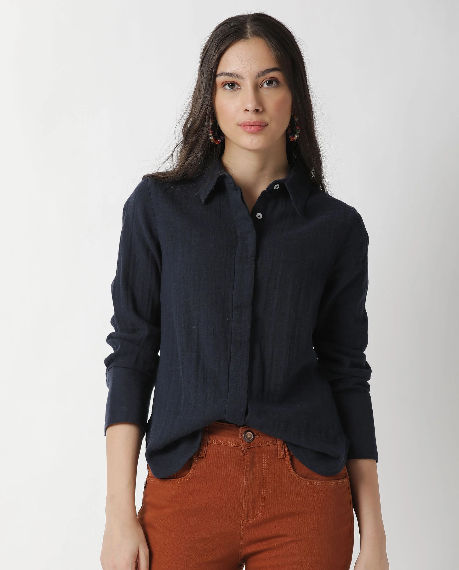Rareism Womens Lock Navy Top Cotton Fabric Regular Fit Cuffed Sleeve Collared Neck - Image 17