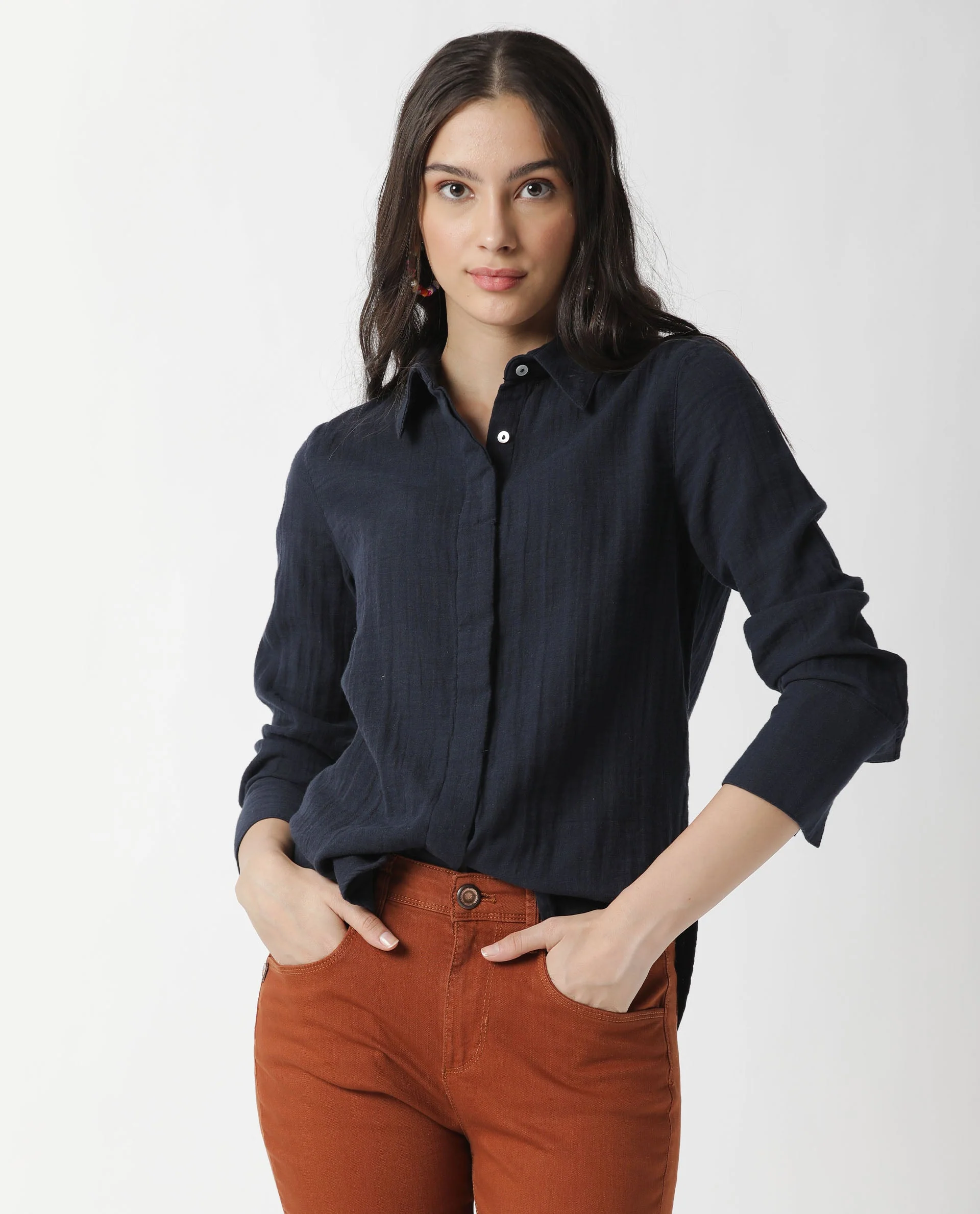 Rareism Womens Lock Navy Top Cotton Fabric Regular Fit Cuffed Sleeve Collared Neck - Image 18