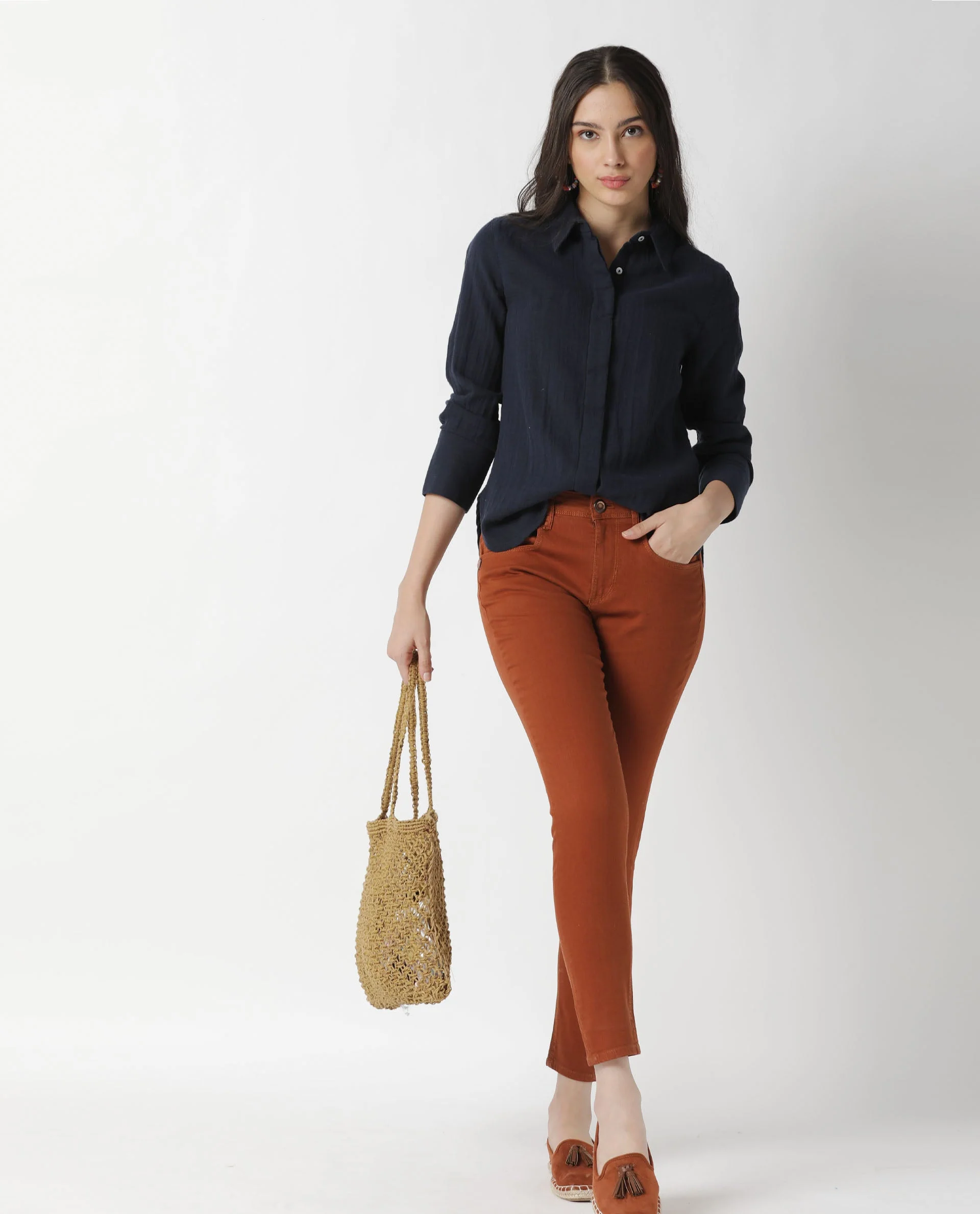 Rareism Womens Lock Navy Top Cotton Fabric Regular Fit Cuffed Sleeve Collared Neck - Image 2