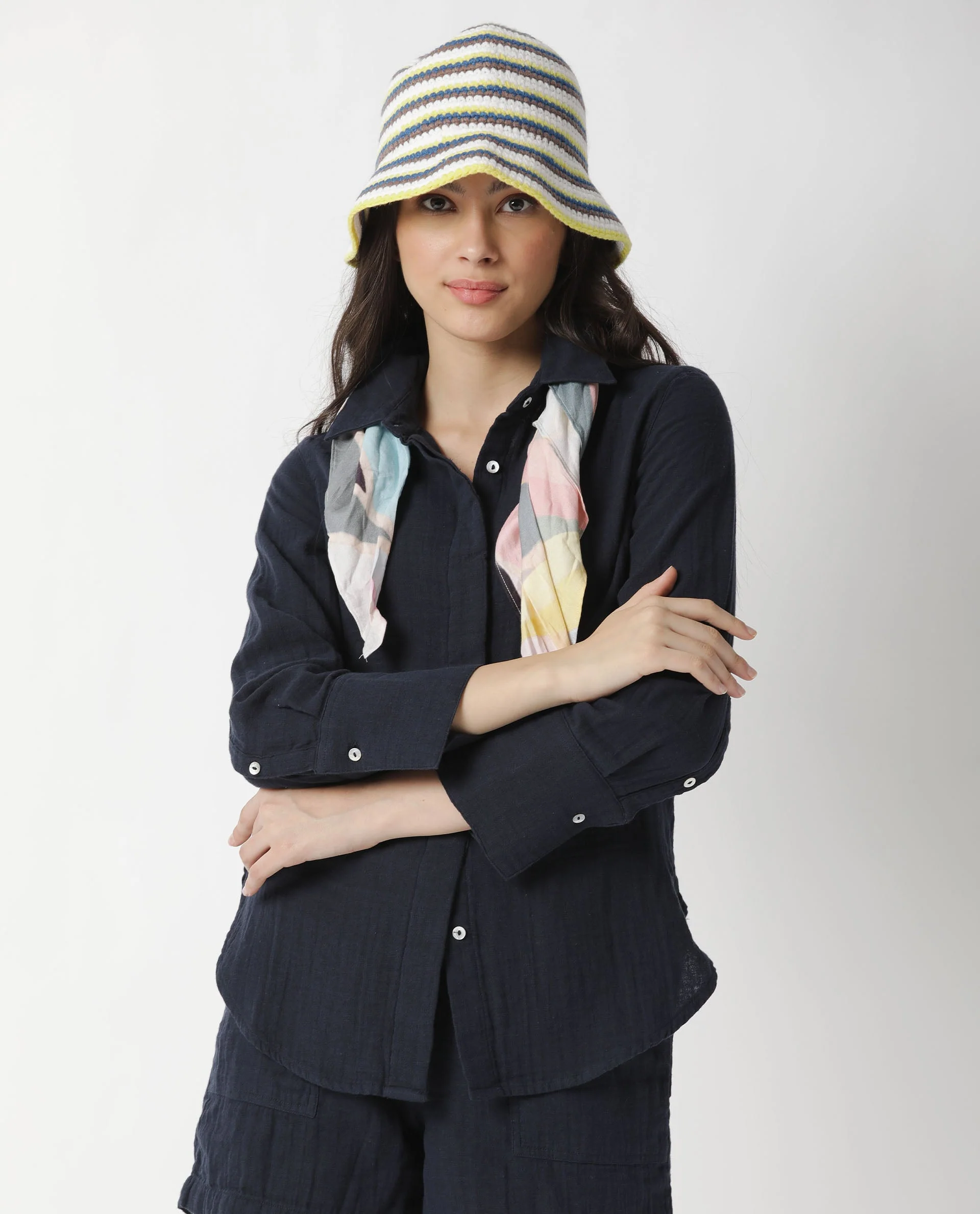 Rareism Womens Lock Navy Top Cotton Fabric Regular Fit Cuffed Sleeve Collared Neck - Image 3