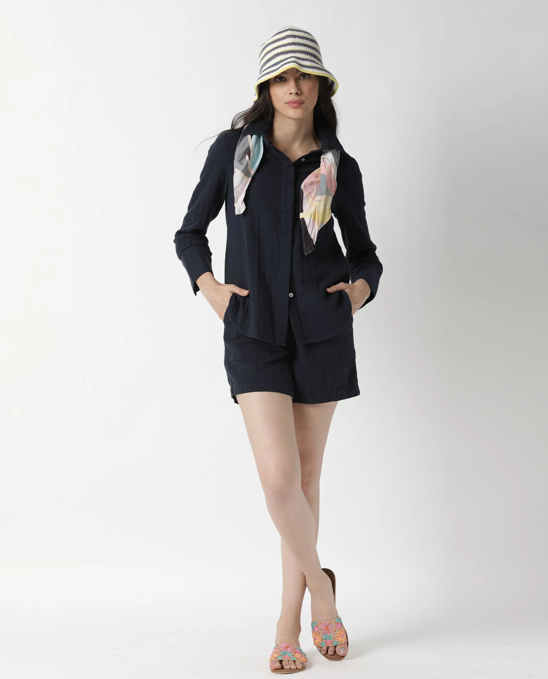 Rareism Womens Lock Navy Top Cotton Fabric Regular Fit Cuffed Sleeve Collared Neck - Image 7