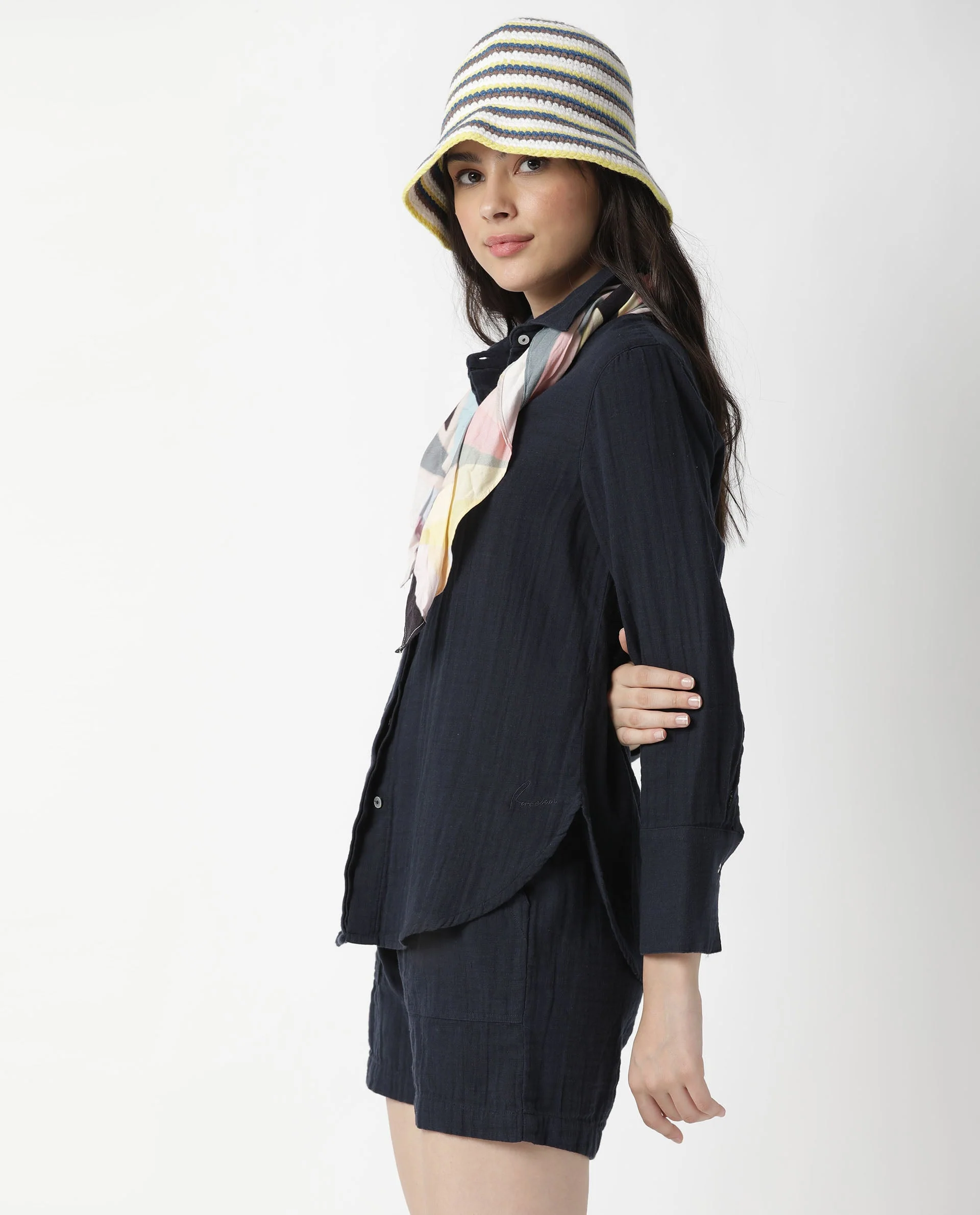 Rareism Womens Lock Navy Top Cotton Fabric Regular Fit Cuffed Sleeve Collared Neck - Image 8