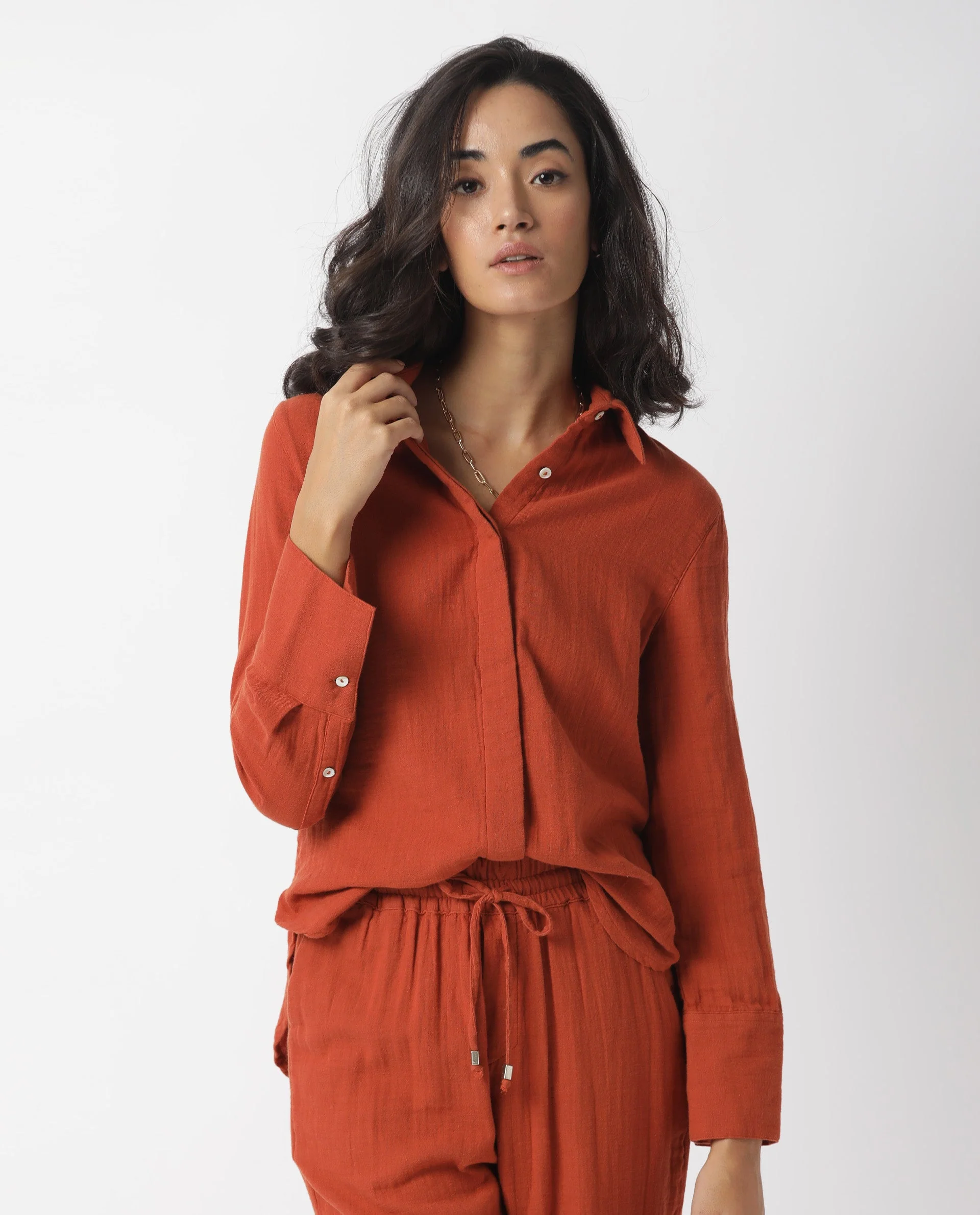 Rareism Womens Lock Rust Top Cotton Fabric Regular Fit Cuffed Sleeve Collared Neck