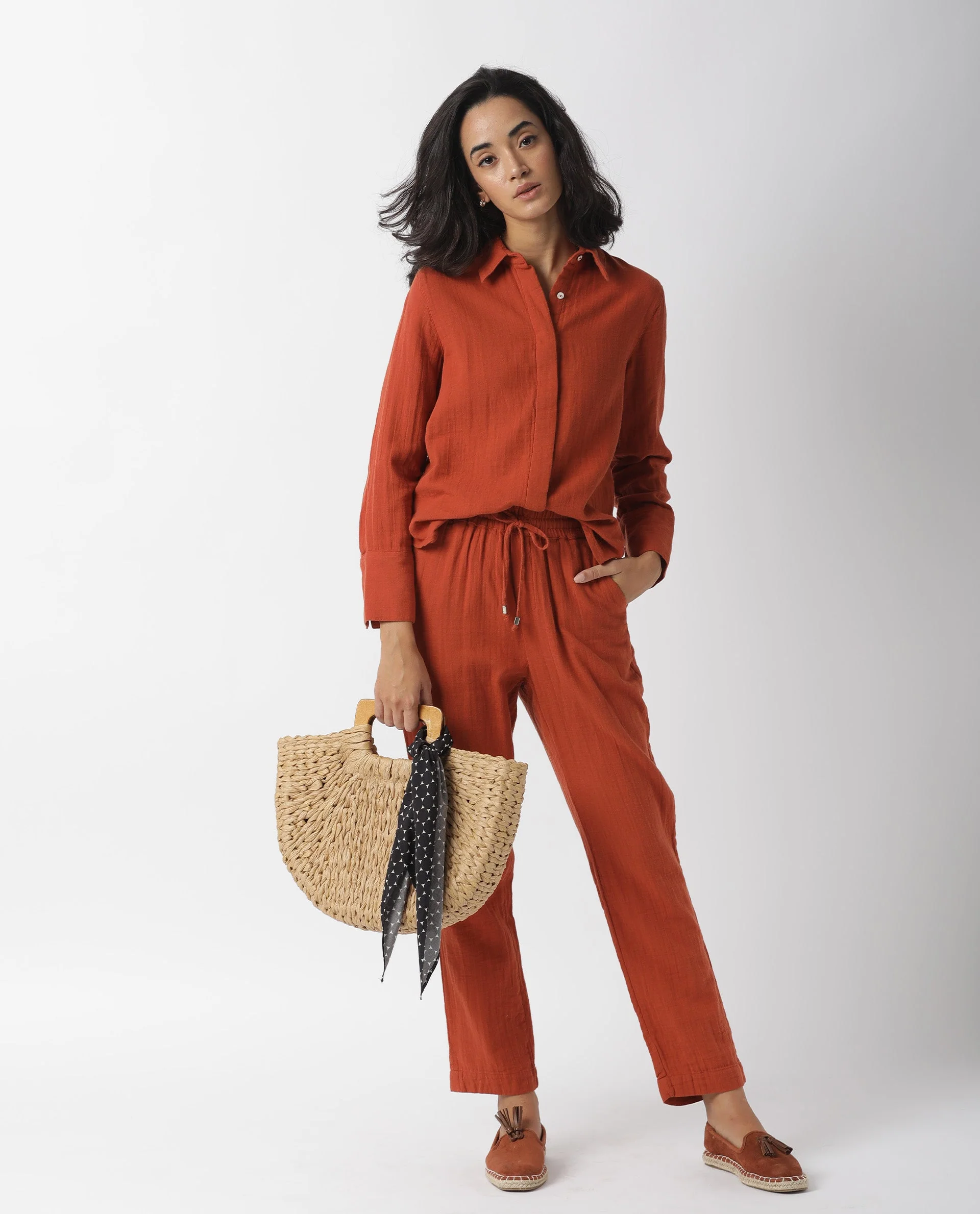 Rareism Womens Lock Rust Top Cotton Fabric Regular Fit Cuffed Sleeve Collared Neck - Image 10