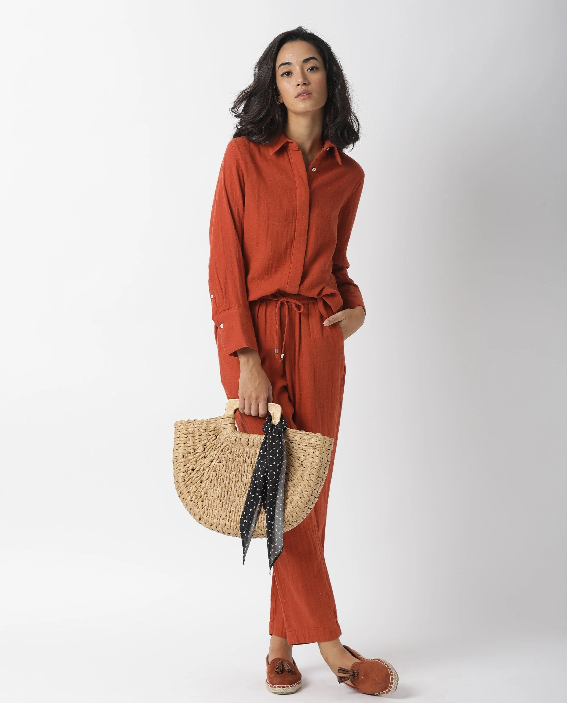 Rareism Womens Lock Rust Top Cotton Fabric Regular Fit Cuffed Sleeve Collared Neck - Image 2