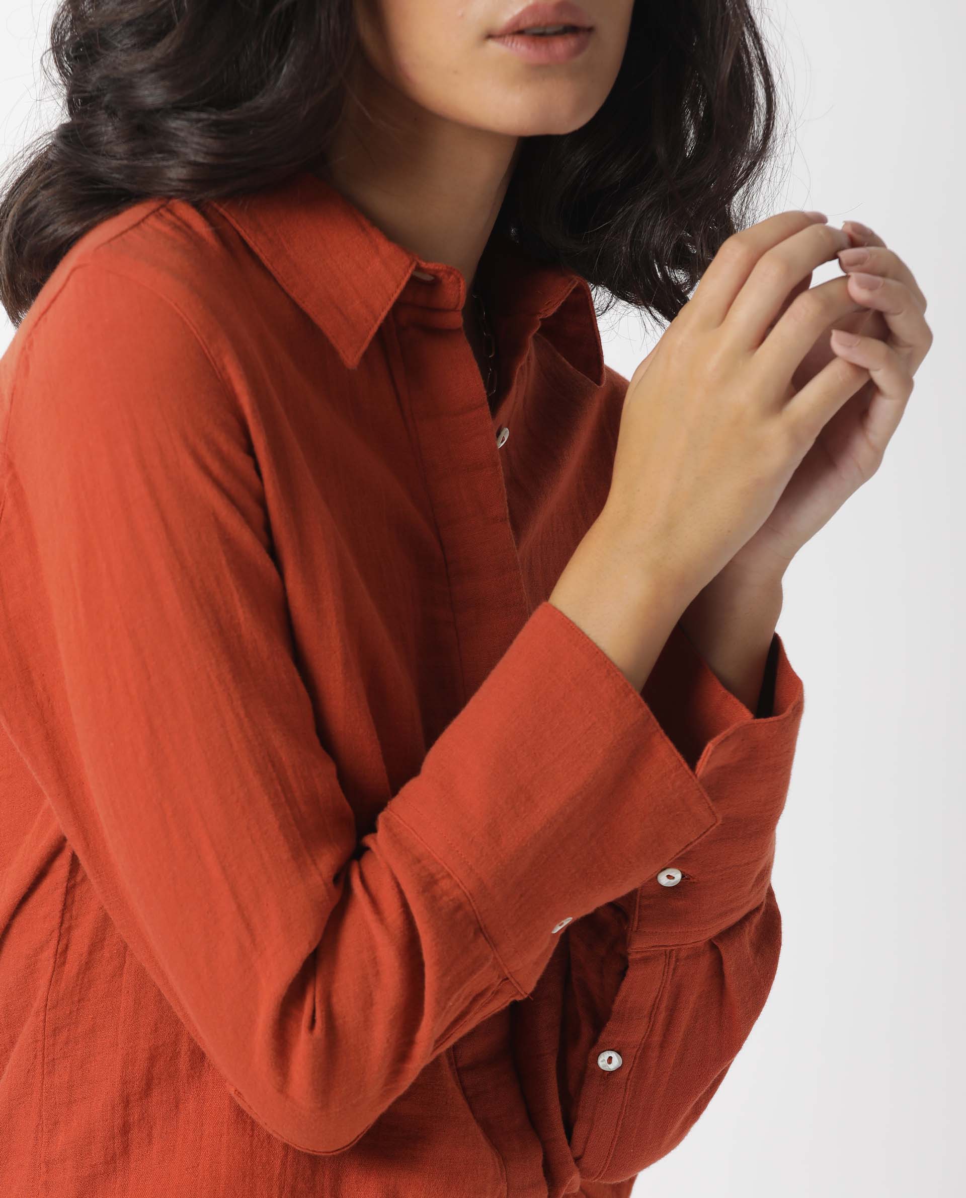 Rareism Womens Lock Rust Top Cotton Fabric Regular Fit Cuffed Sleeve Collared Neck - Image 3