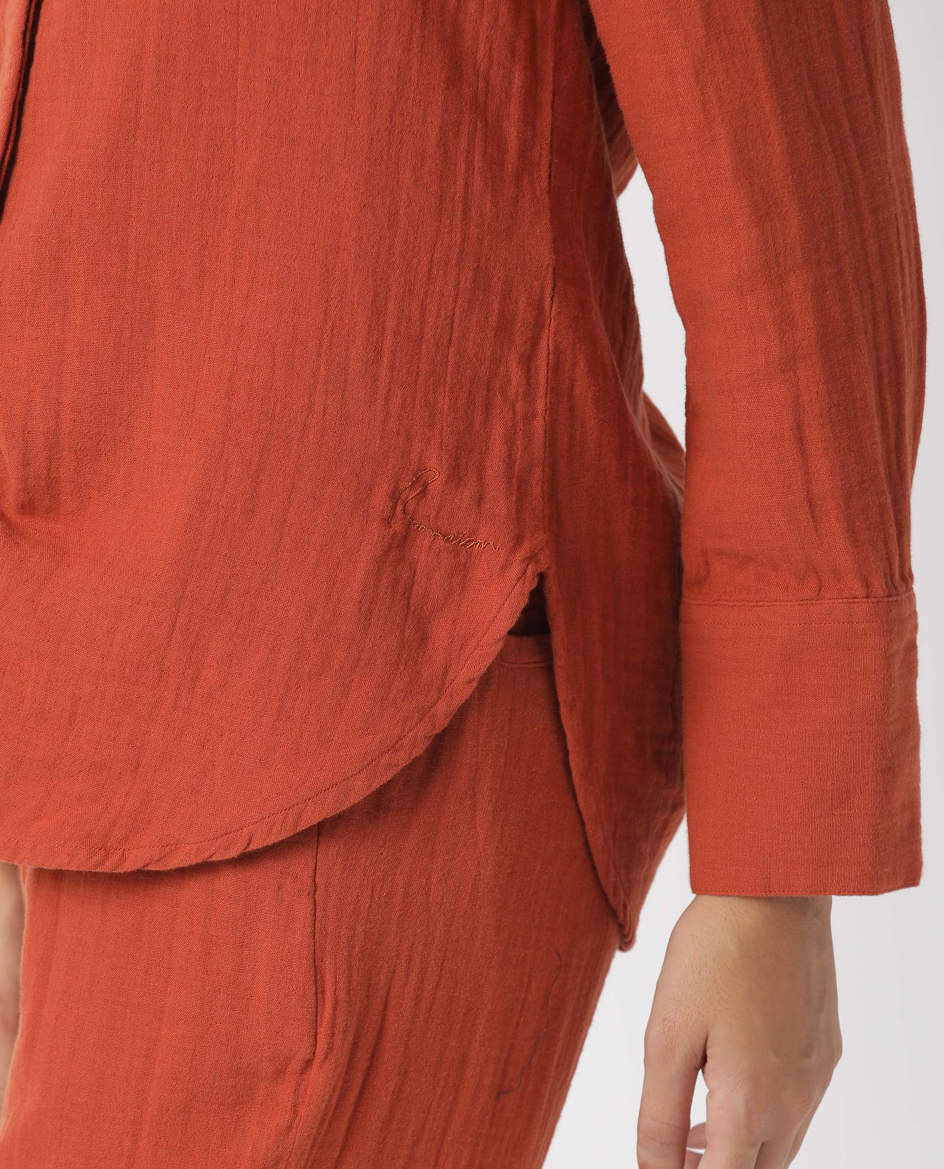 Rareism Womens Lock Rust Top Cotton Fabric Regular Fit Cuffed Sleeve Collared Neck - Image 5