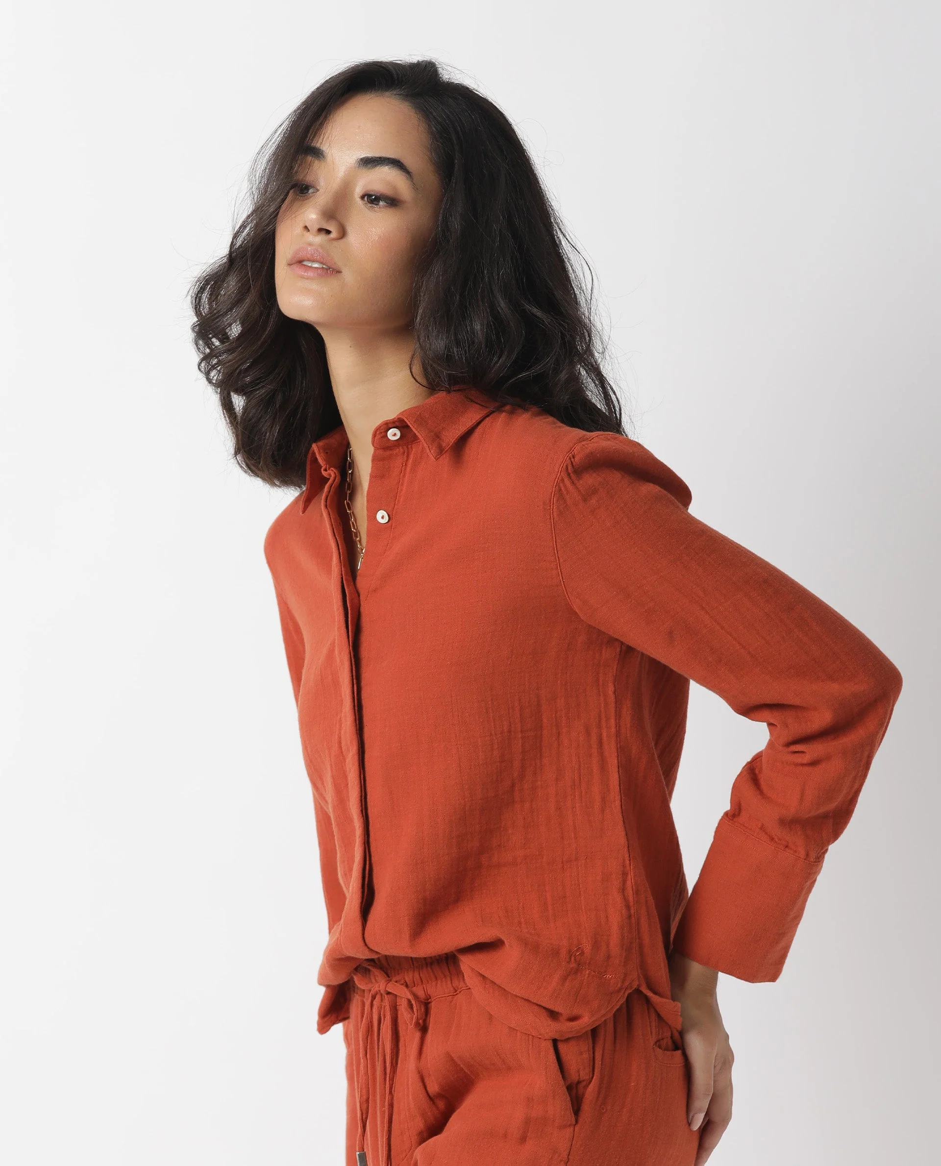 Rareism Womens Lock Rust Top Cotton Fabric Regular Fit Cuffed Sleeve Collared Neck - Image 7