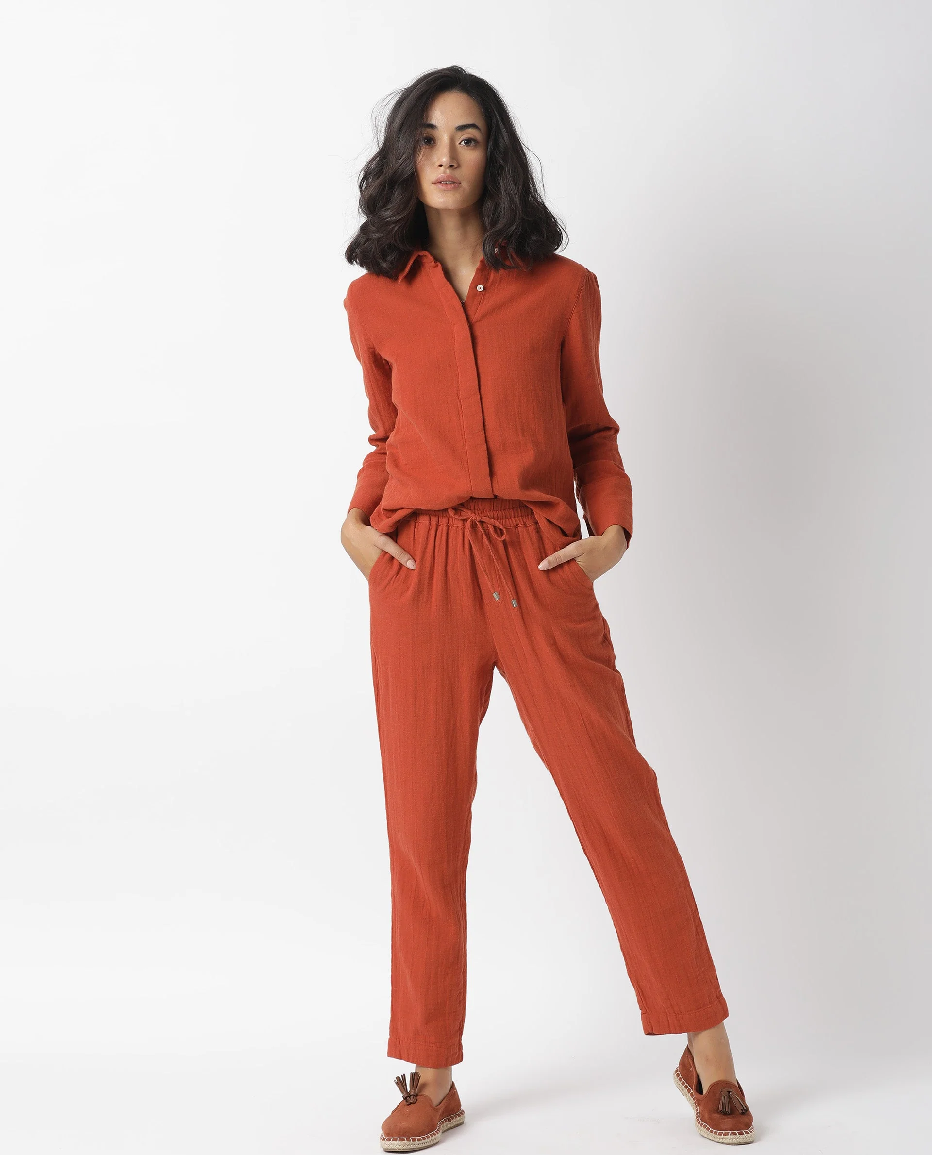 Rareism Womens Lock Rust Top Cotton Fabric Regular Fit Cuffed Sleeve Collared Neck - Image 9