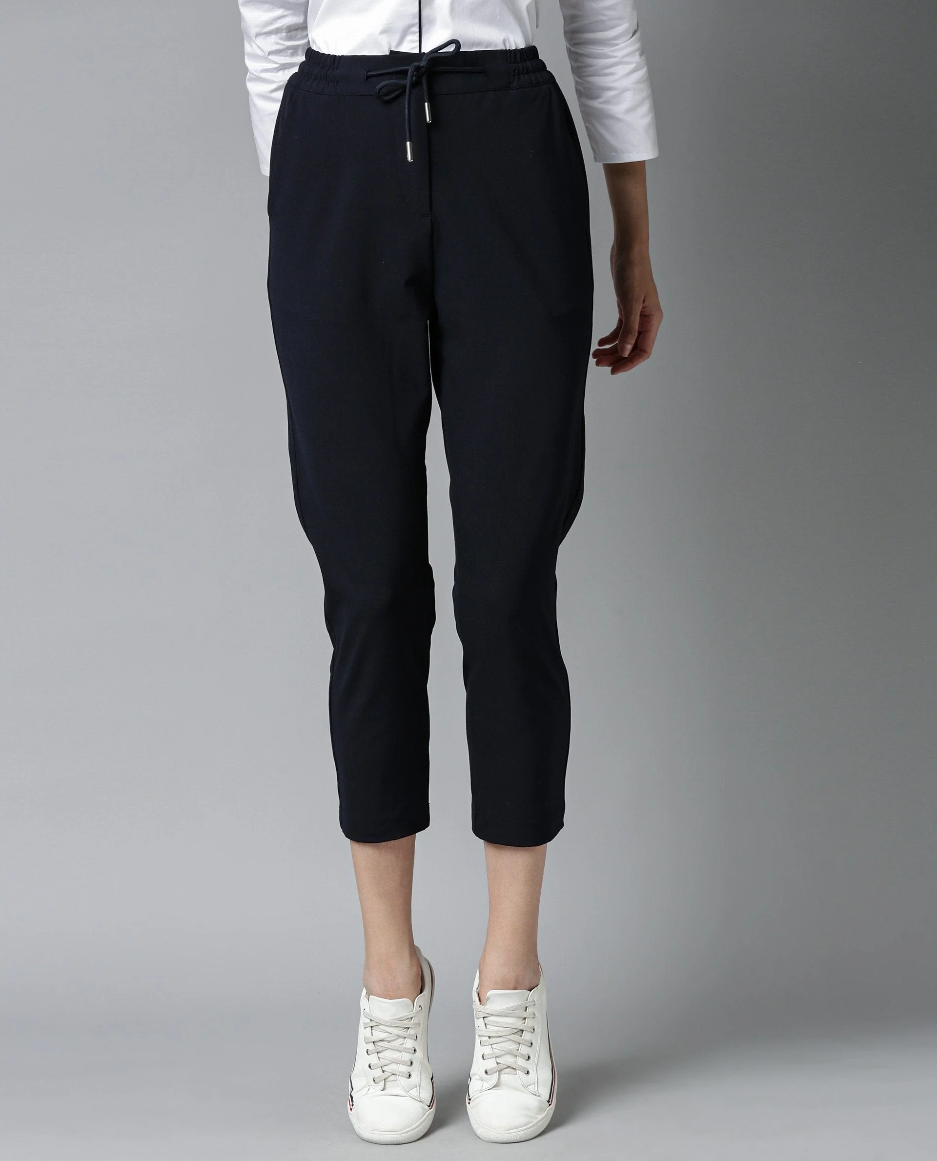 Rareism Womens Locomote Navy Trouser Poly Viscose Stretch Fabric Straight Fit Elasticated Waist Band - Image 3