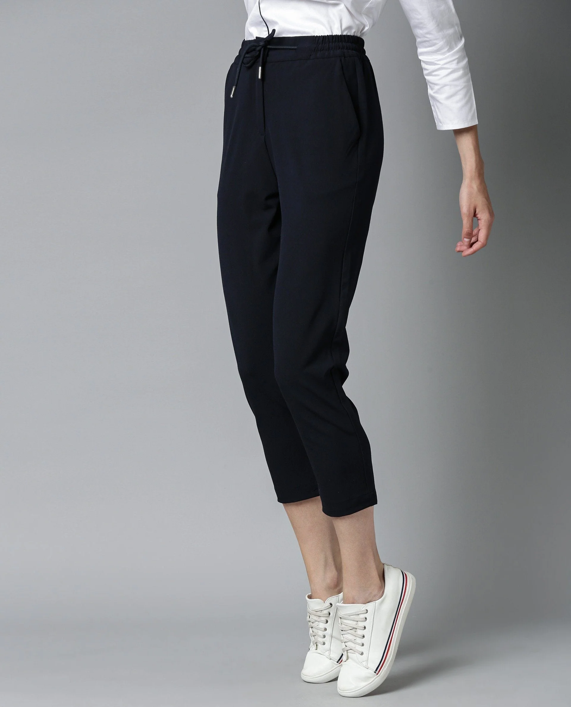 Rareism Womens Locomote Navy Trouser Poly Viscose Stretch Fabric Straight Fit Elasticated Waist Band - Image 4