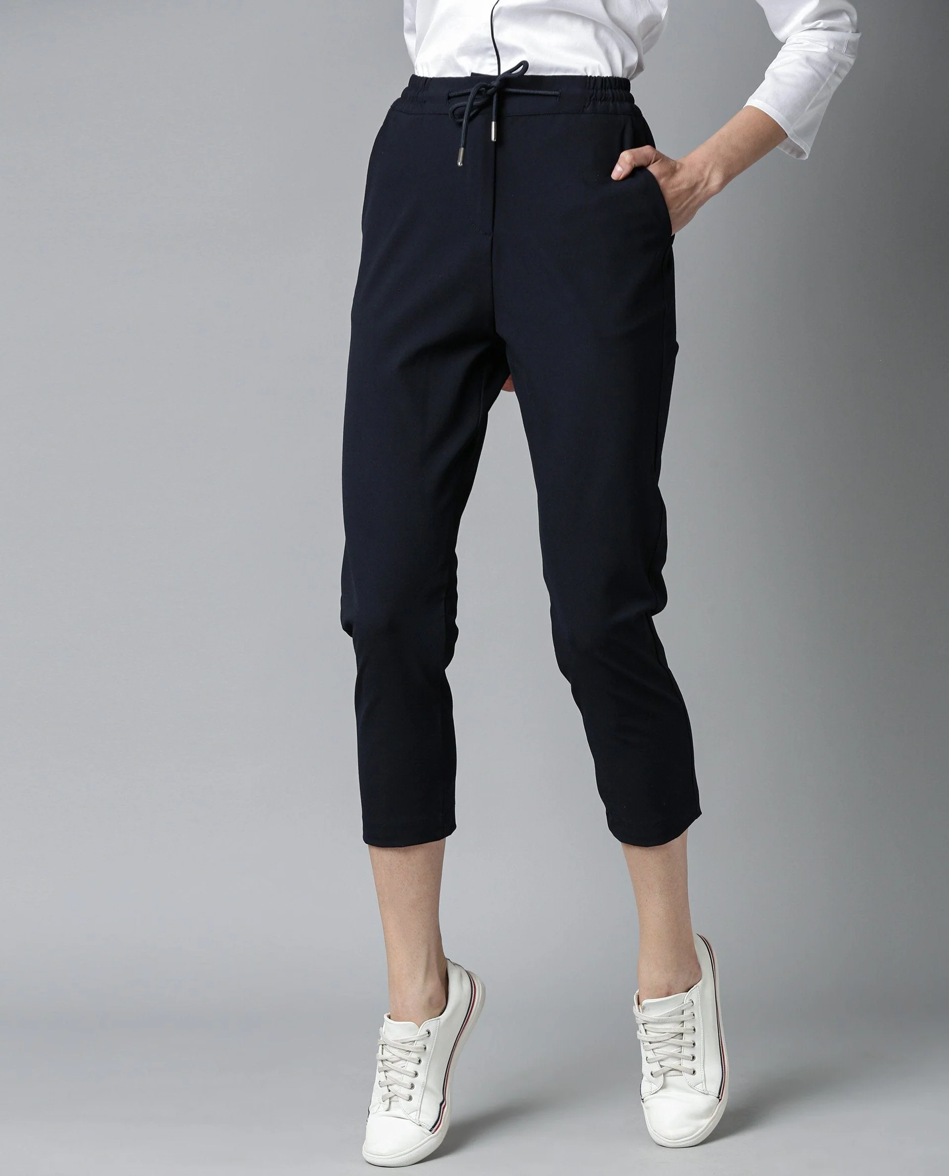 Rareism Womens Locomote Navy Trouser Poly Viscose Stretch Fabric Straight Fit Elasticated Waist Band - Image 5