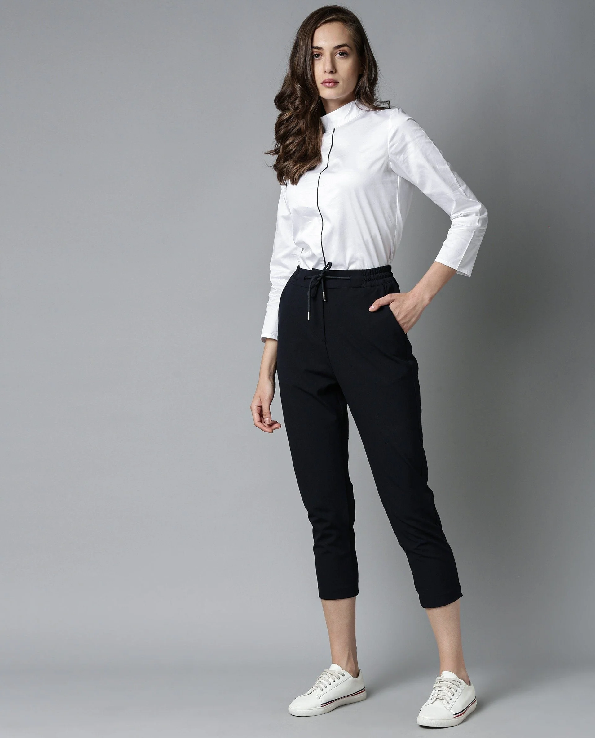 Rareism Womens Locomote Navy Trouser Poly Viscose Stretch Fabric Straight Fit Elasticated Waist Band - Image 6