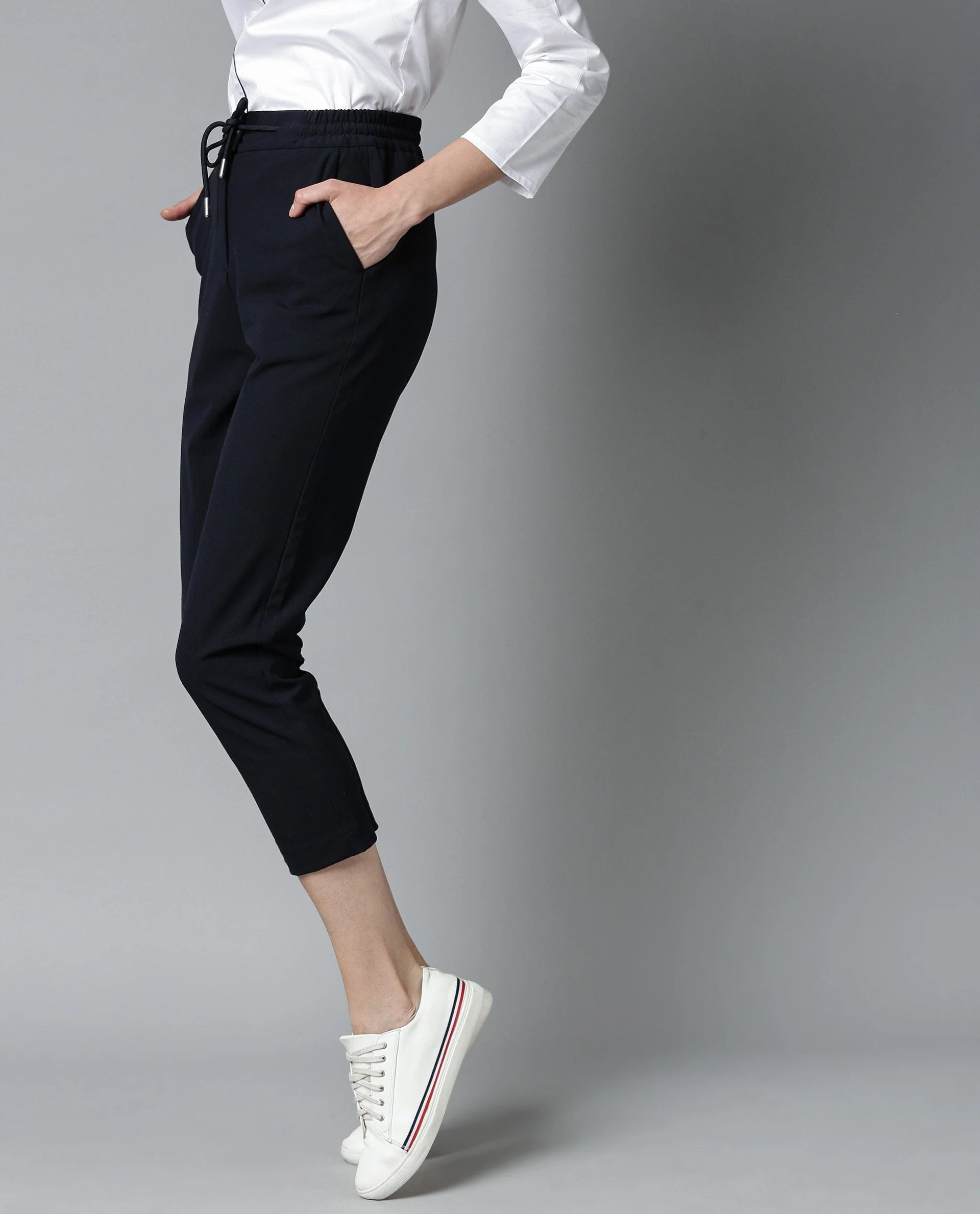Rareism Womens Locomote Navy Trouser Poly Viscose Stretch Fabric Straight Fit Elasticated Waist Band - Image 8