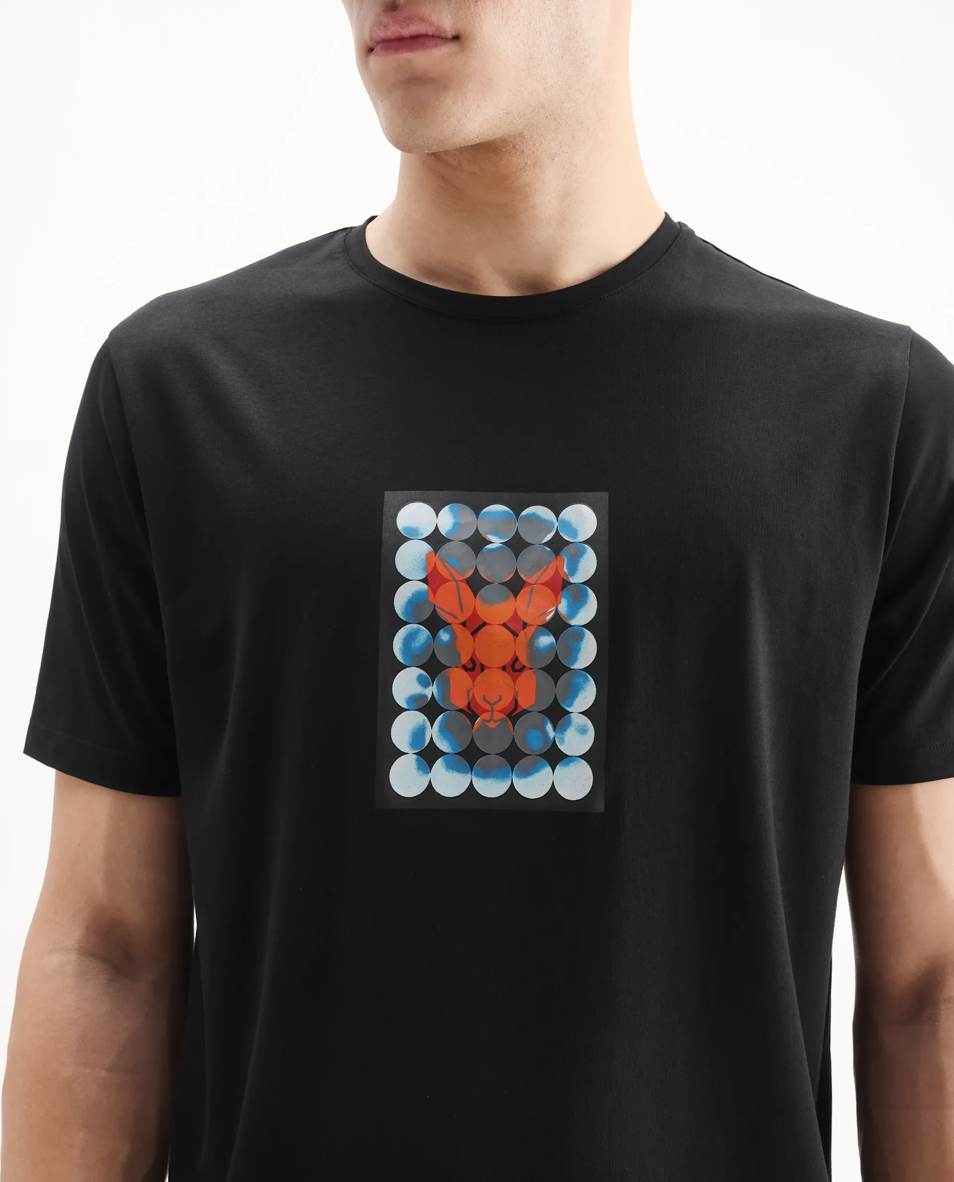 Rare Rabbit Men's Locon Black Cotton Blend Graphic Print Regular Fit Half Sleeve Crew Neck T-Shirt - Image 3