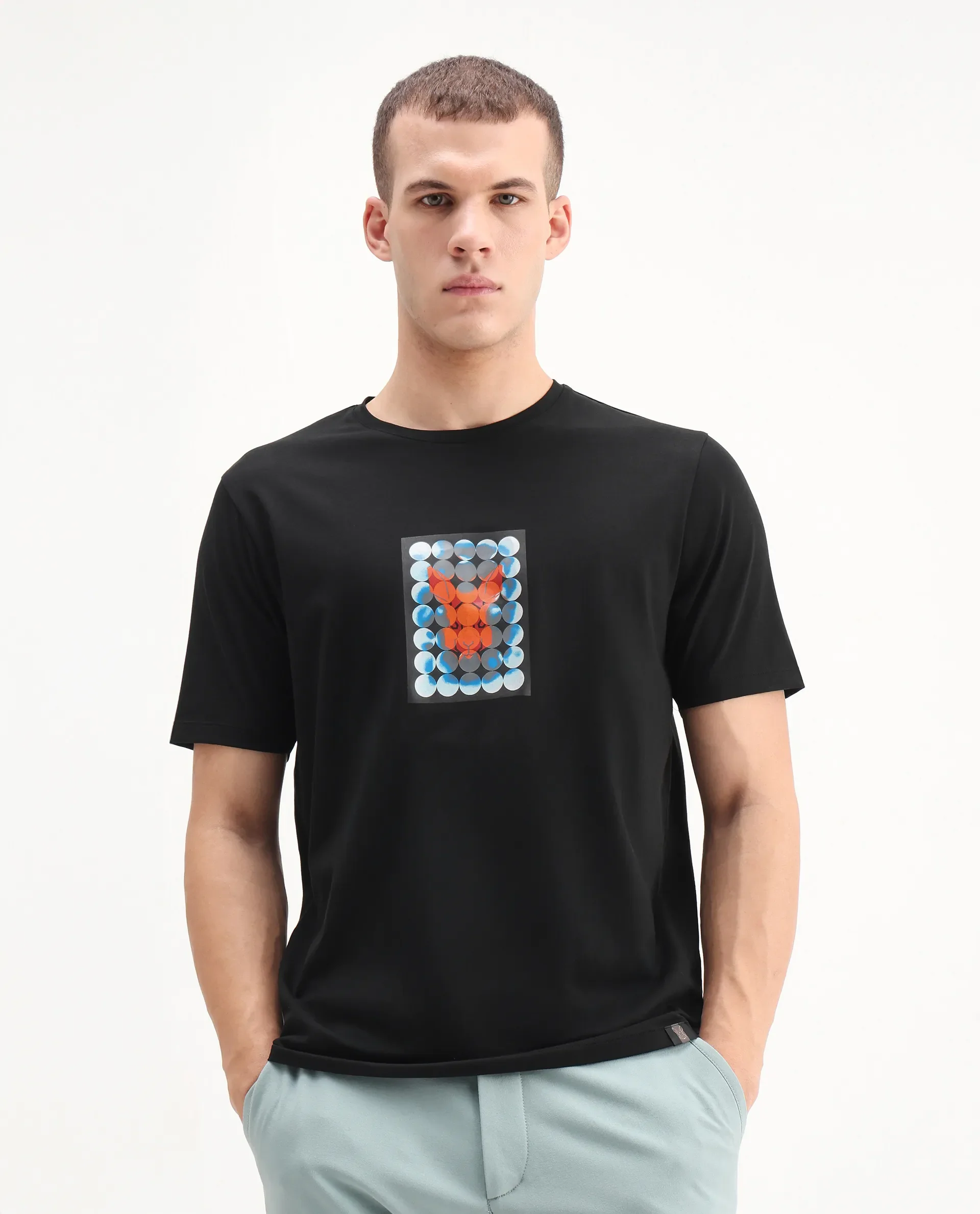 Rare Rabbit Men's Locon Black Cotton Blend Graphic Print Regular Fit Half Sleeve Crew Neck T-Shirt - Image 4