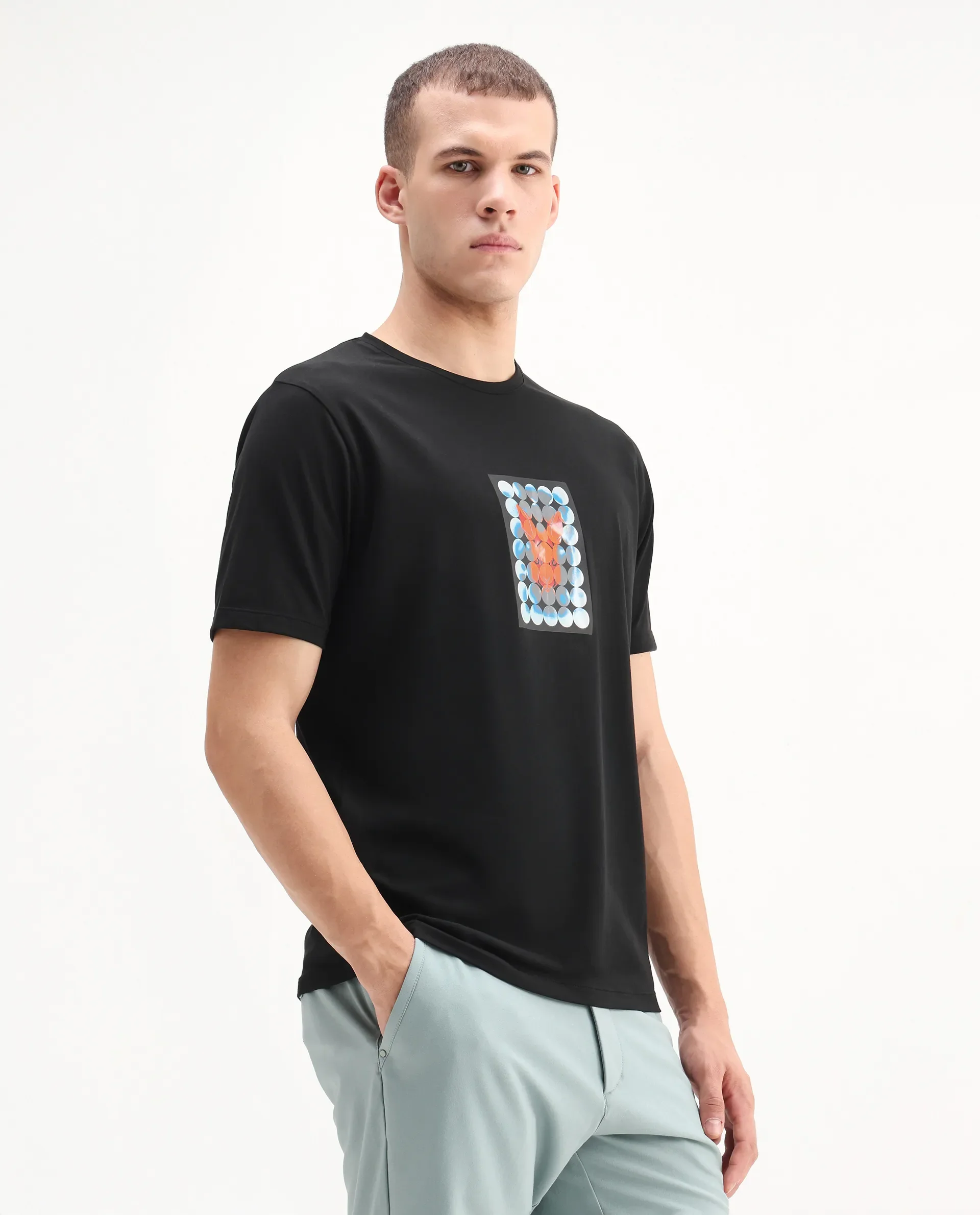 Rare Rabbit Men's Locon Black Cotton Blend Graphic Print Regular Fit Half Sleeve Crew Neck T-Shirt - Image 6