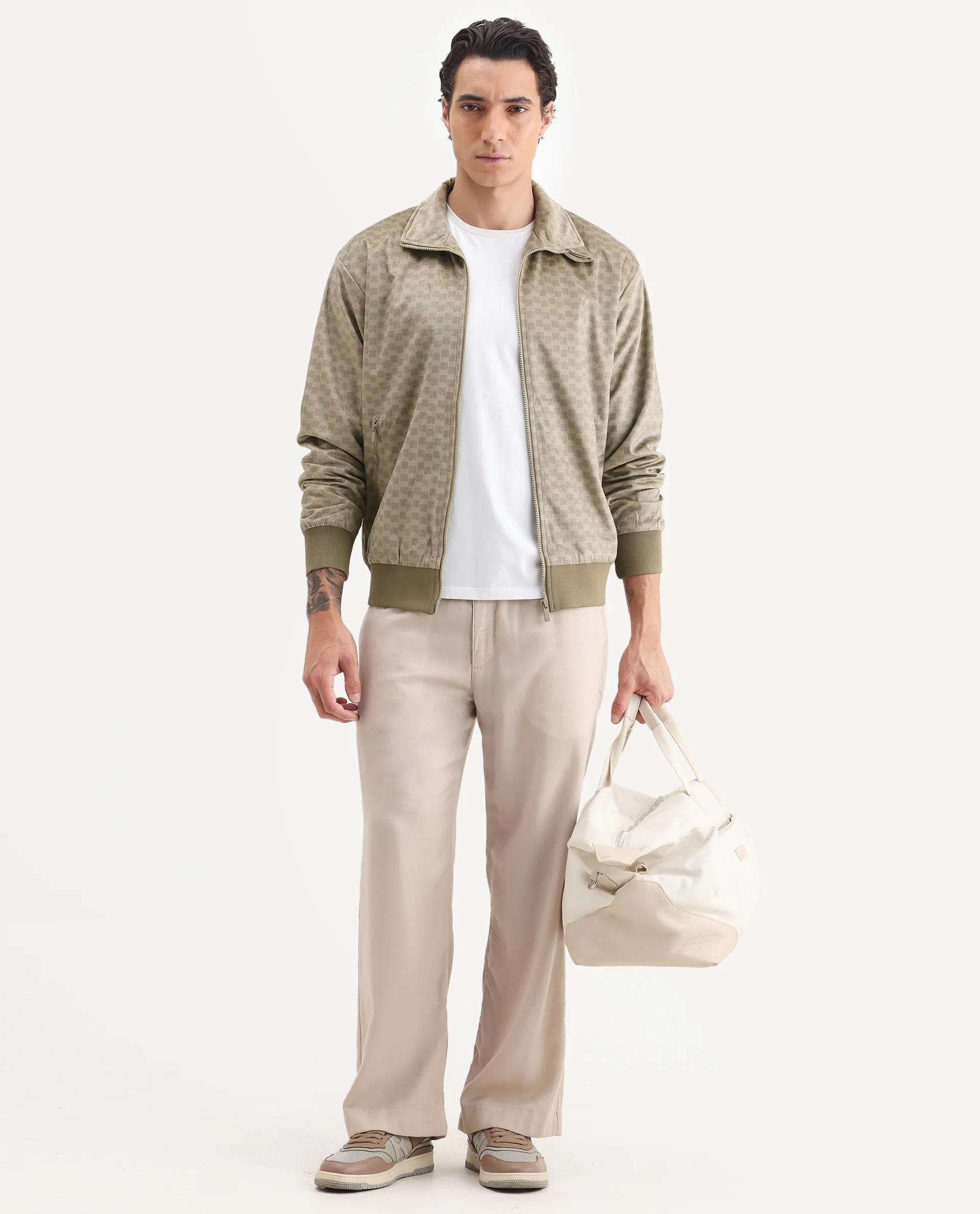 Rare Rabbit Men's Log Beige Cotton Blend Fabric Spread Collar Regular Fit Graphic Print Jacket - Image 2
