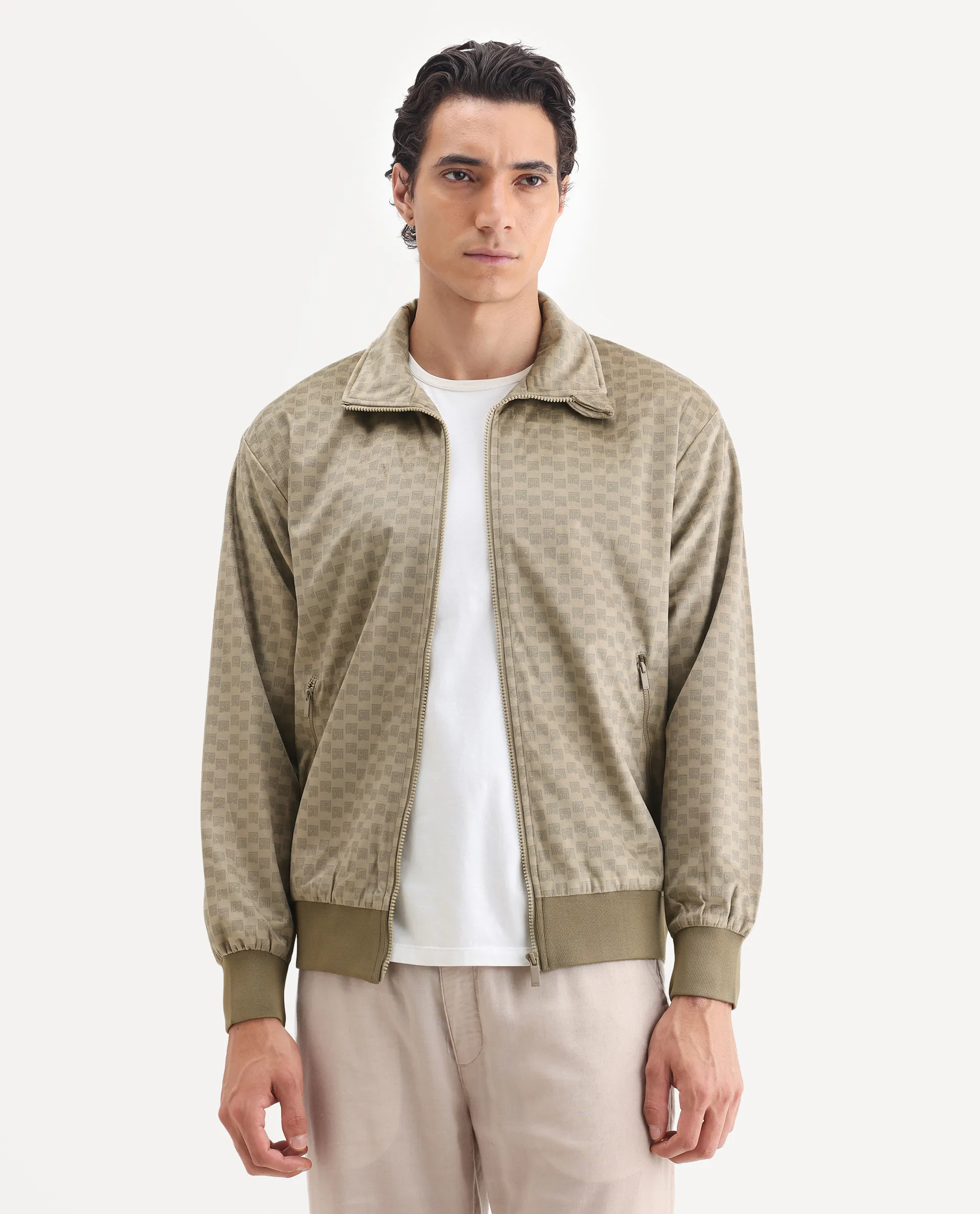 Rare Rabbit Men's Log Beige Cotton Blend Fabric Spread Collar Regular Fit Graphic Print Jacket - Image 4