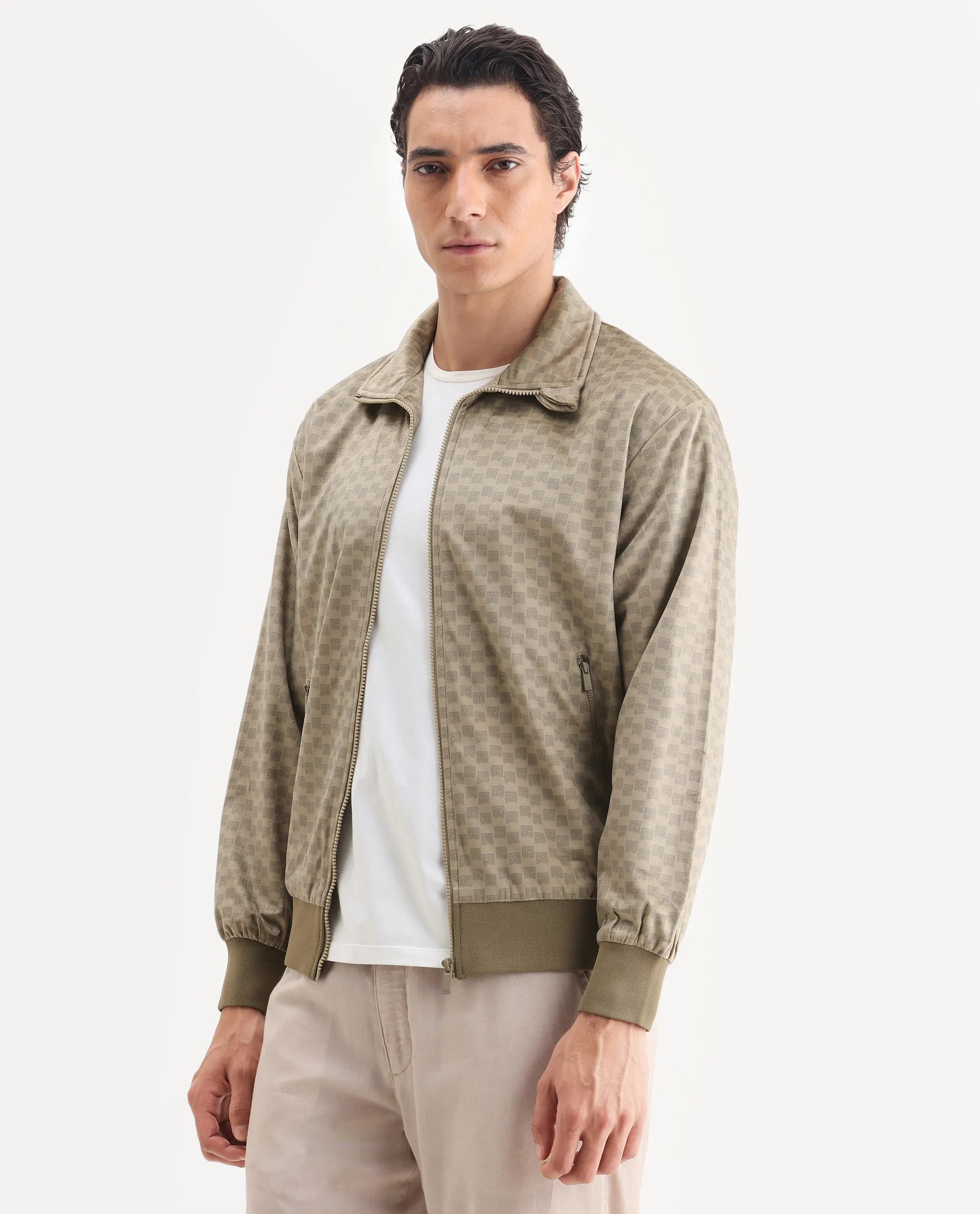 Rare Rabbit Men's Log Beige Cotton Blend Fabric Spread Collar Regular Fit Graphic Print Jacket - Image 5