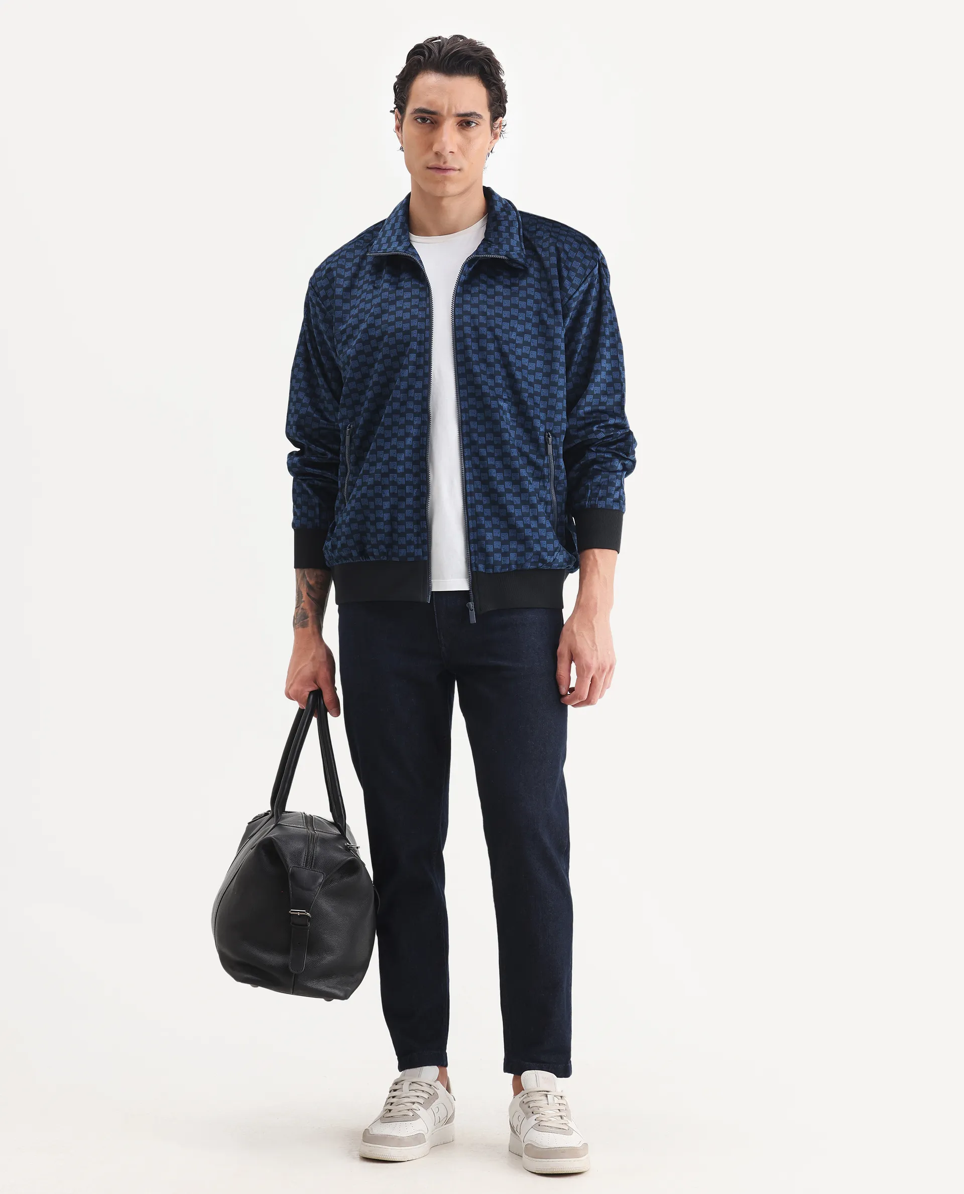 Rare Rabbit Men's Log Blue Cotton Blend Fabric Spread Collar Regular Fit Graphic Print Jacket - Image 2