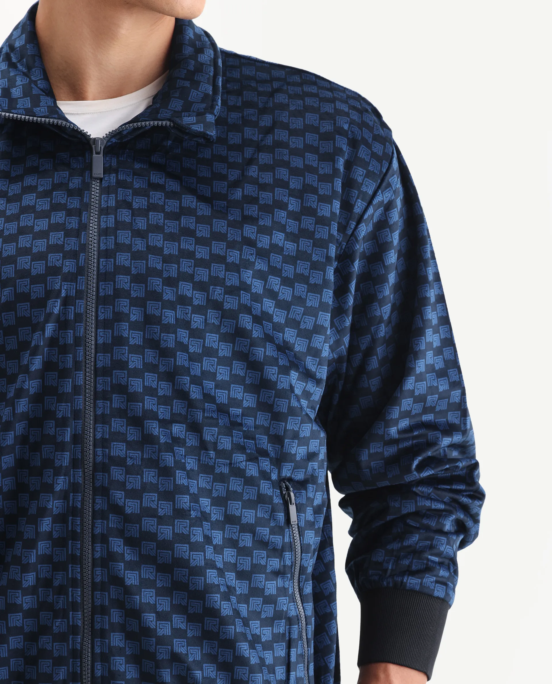 Rare Rabbit Men's Log Blue Cotton Blend Fabric Spread Collar Regular Fit Graphic Print Jacket - Image 3