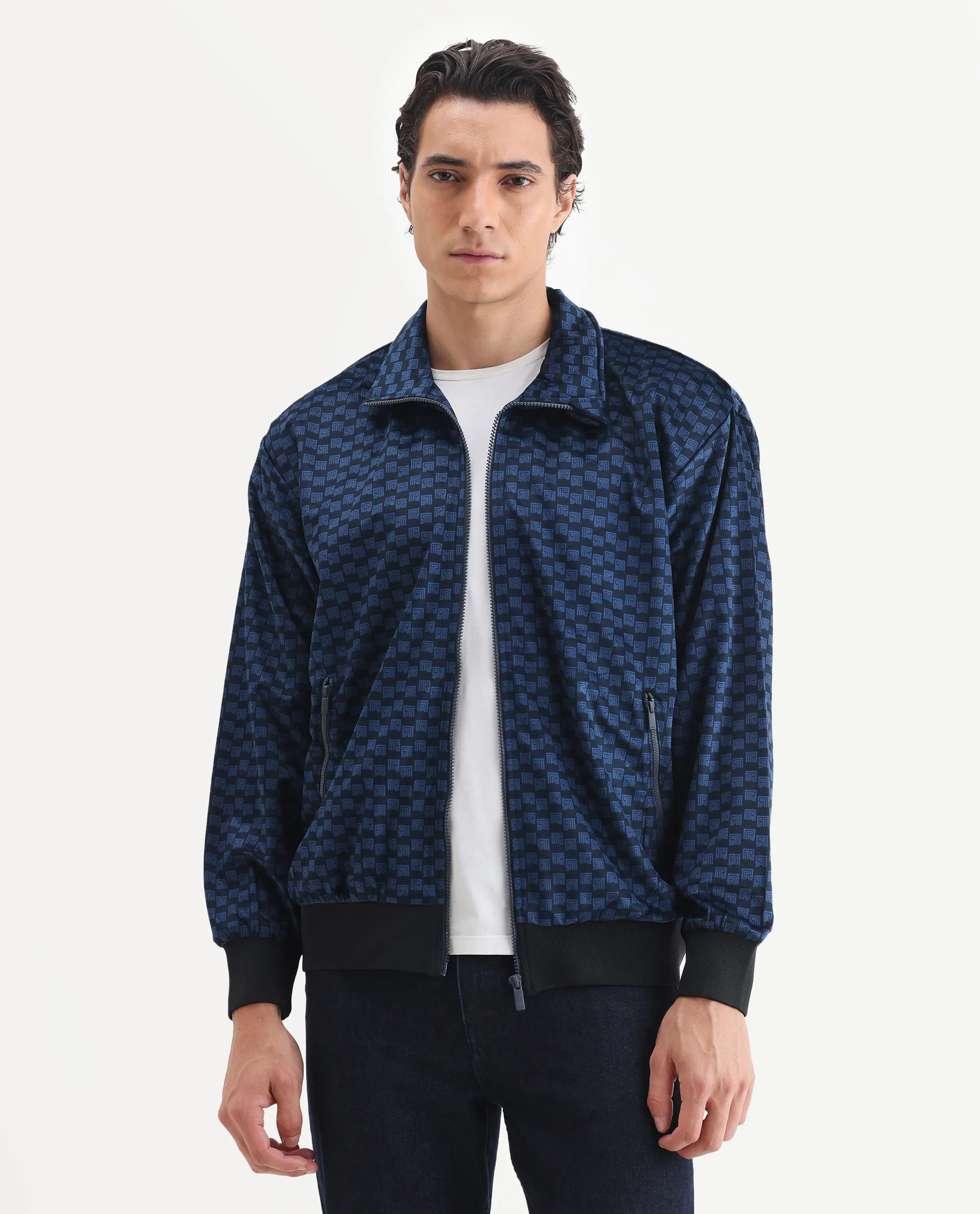 Rare Rabbit Men's Log Blue Cotton Blend Fabric Spread Collar Regular Fit Graphic Print Jacket - Image 4