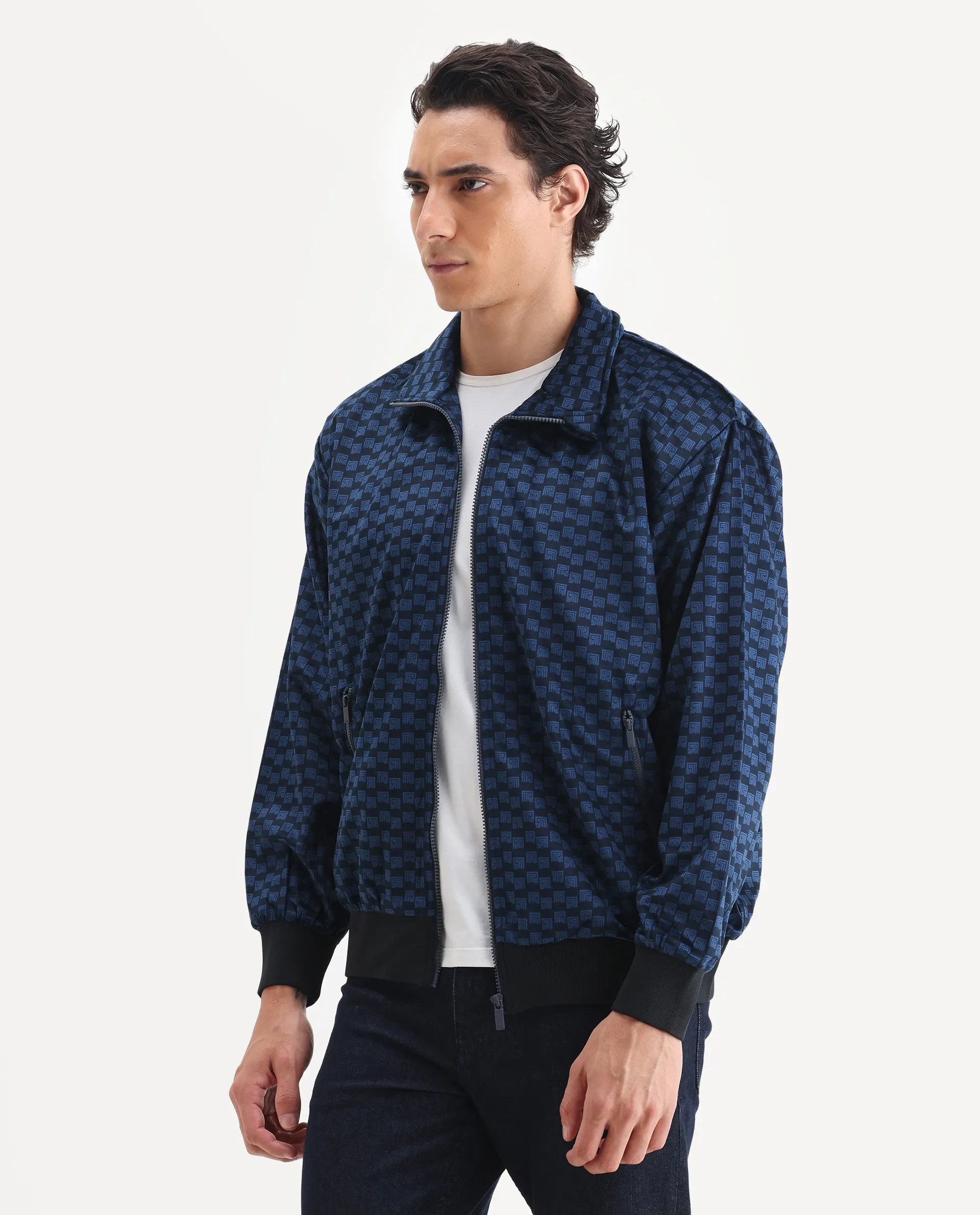 Rare Rabbit Men's Log Blue Cotton Blend Fabric Spread Collar Regular Fit Graphic Print Jacket - Image 5
