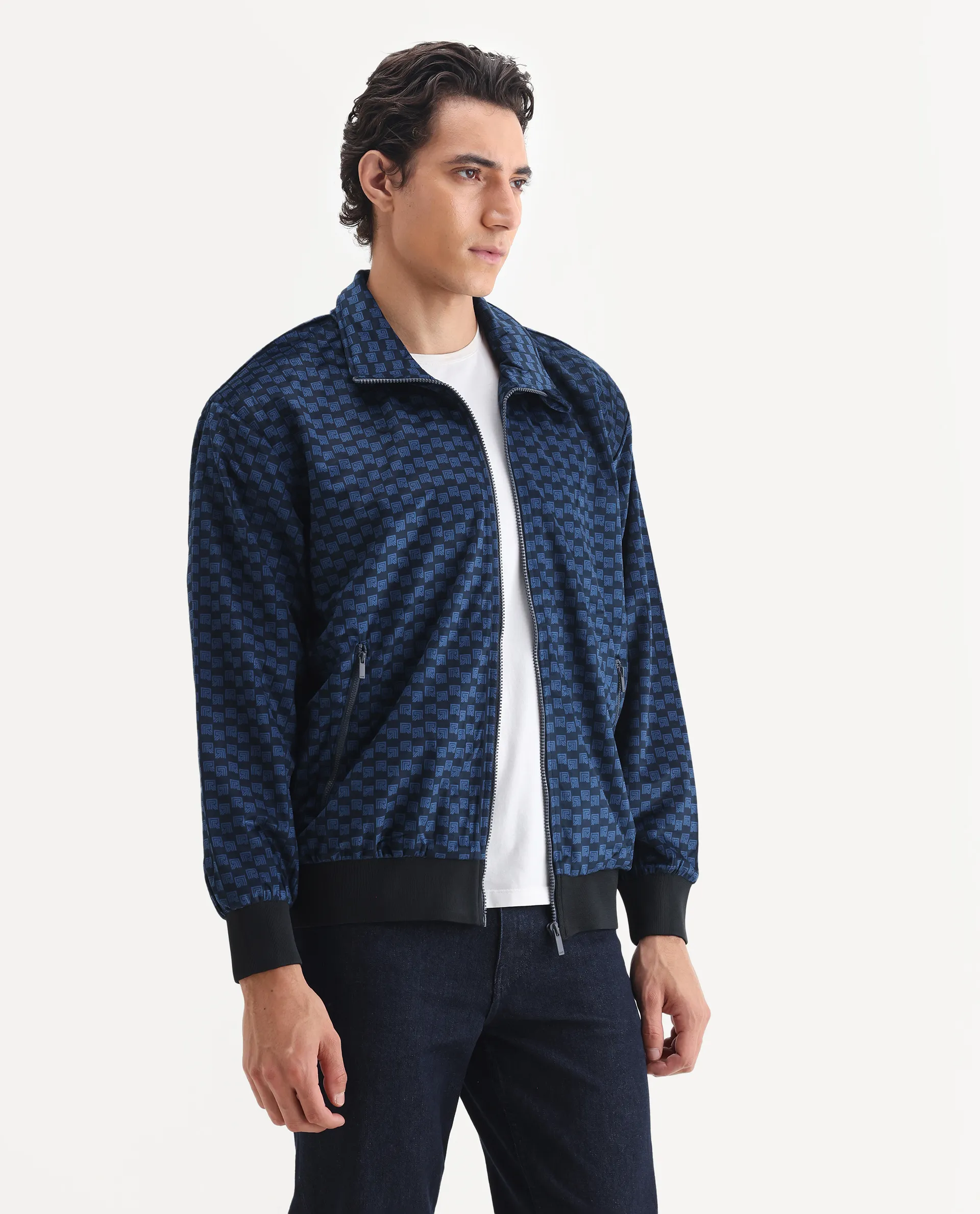 Rare Rabbit Men's Log Blue Cotton Blend Fabric Spread Collar Regular Fit Graphic Print Jacket - Image 6