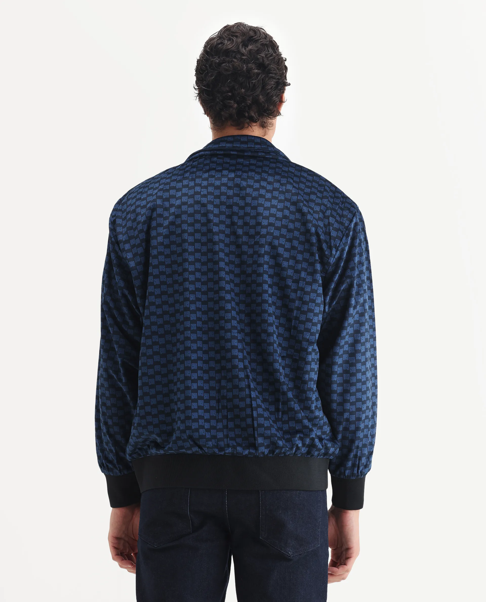 Rare Rabbit Men's Log Blue Cotton Blend Fabric Spread Collar Regular Fit Graphic Print Jacket - Image 7