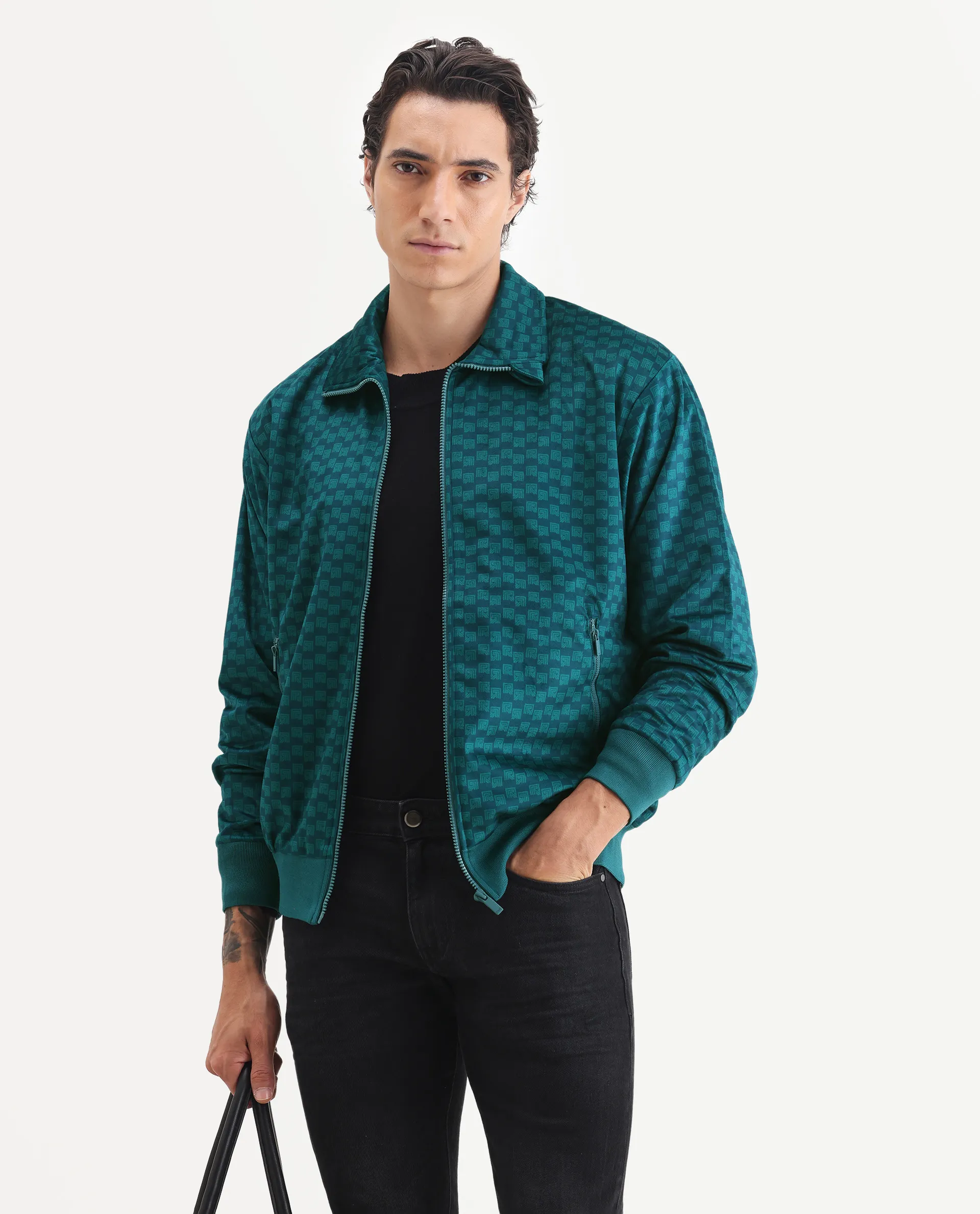 Rare Rabbit Men's Log Teal Cotton Blend Fabric Spread Collar Regular Fit Graphic Print Jacket