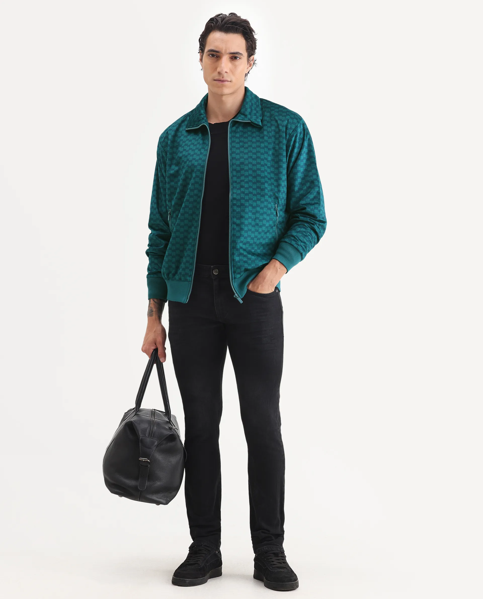 Rare Rabbit Men's Log Teal Cotton Blend Fabric Spread Collar Regular Fit Graphic Print Jacket - Image 2