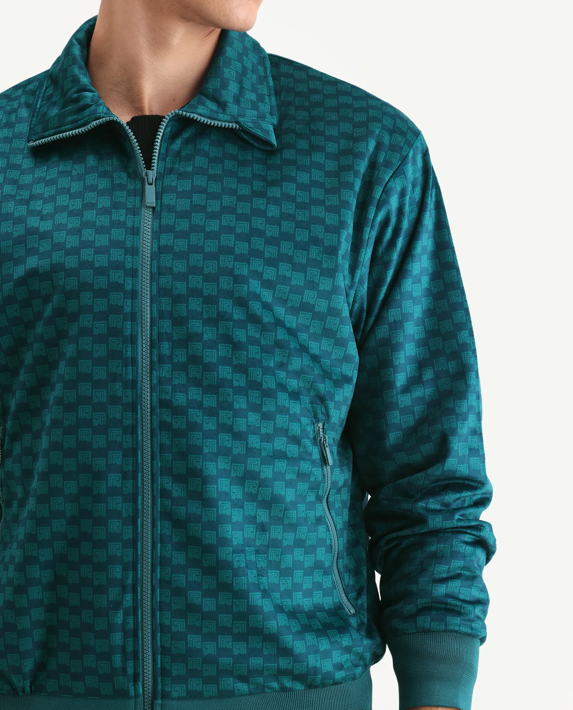 Rare Rabbit Men's Log Teal Cotton Blend Fabric Spread Collar Regular Fit Graphic Print Jacket - Image 3