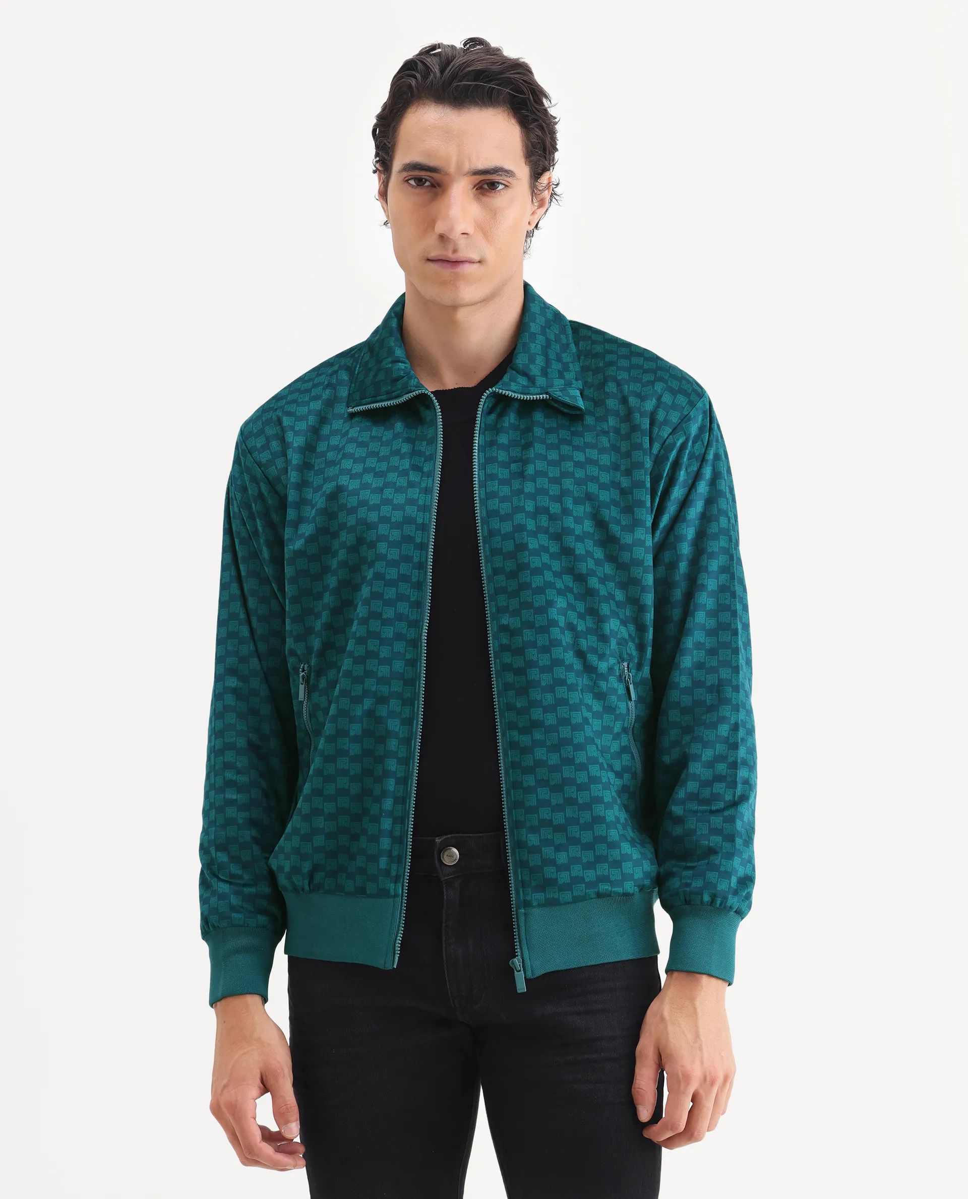 Rare Rabbit Men's Log Teal Cotton Blend Fabric Spread Collar Regular Fit Graphic Print Jacket - Image 4