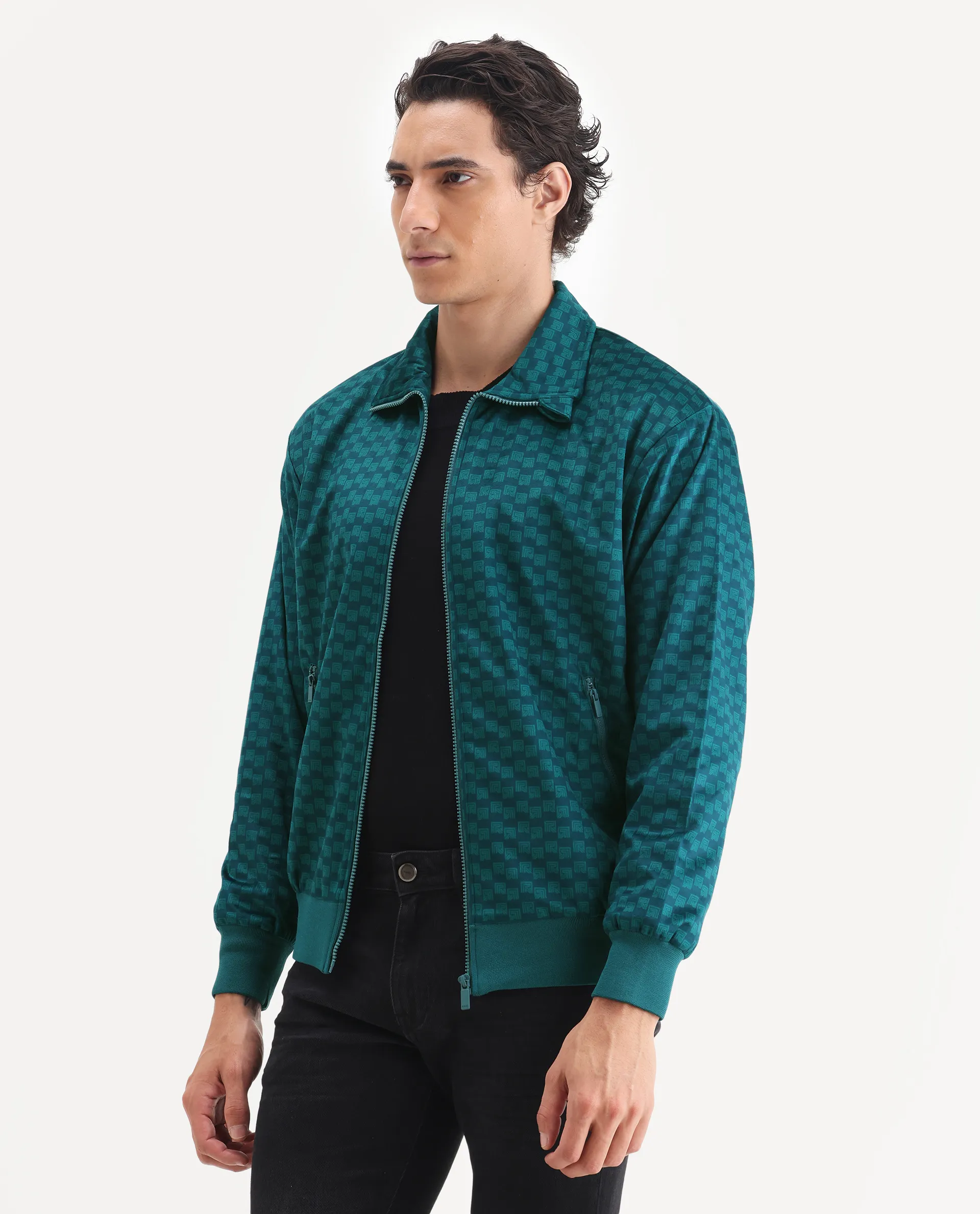 Rare Rabbit Men's Log Teal Cotton Blend Fabric Spread Collar Regular Fit Graphic Print Jacket - Image 5