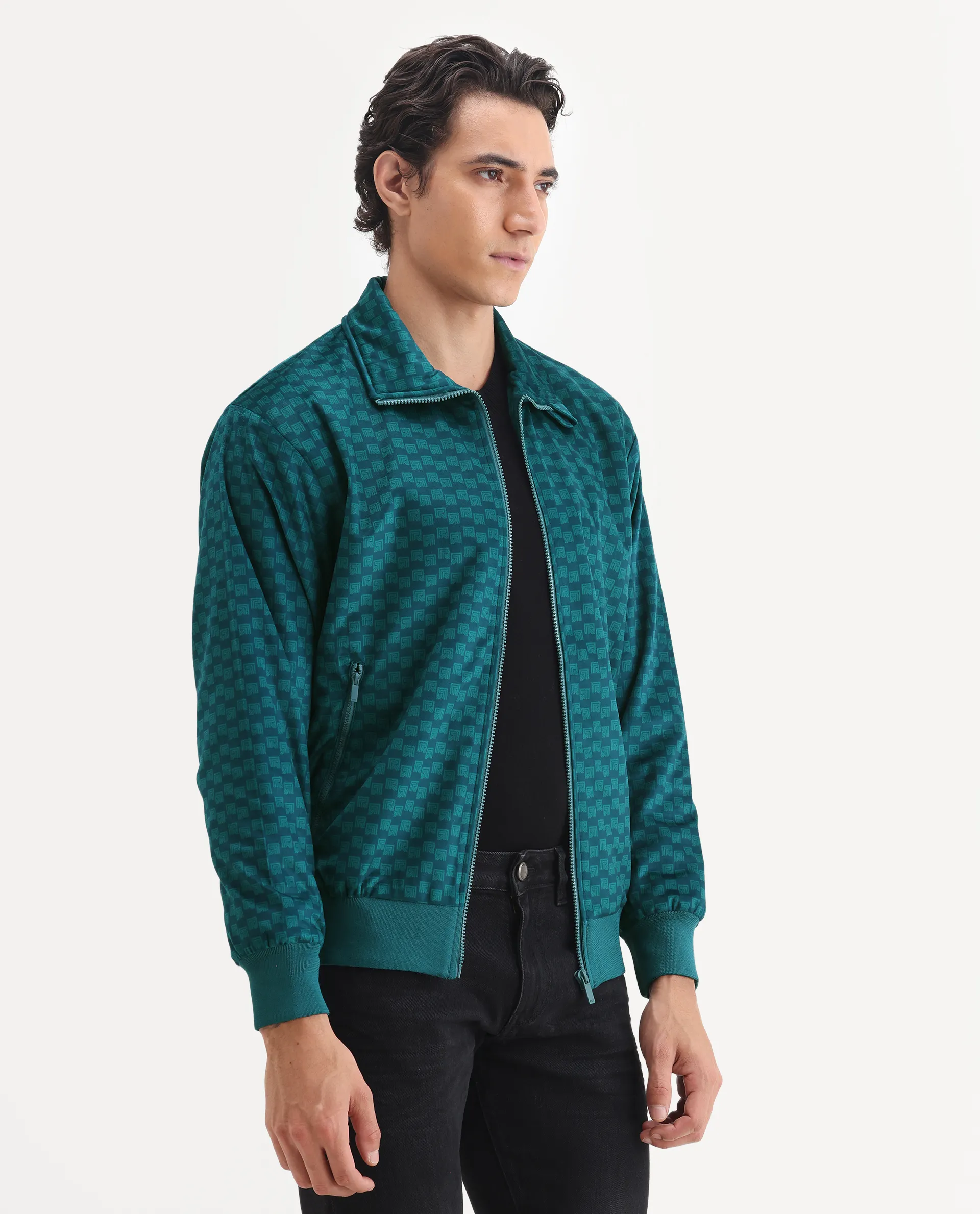 Rare Rabbit Men's Log Teal Cotton Blend Fabric Spread Collar Regular Fit Graphic Print Jacket - Image 6