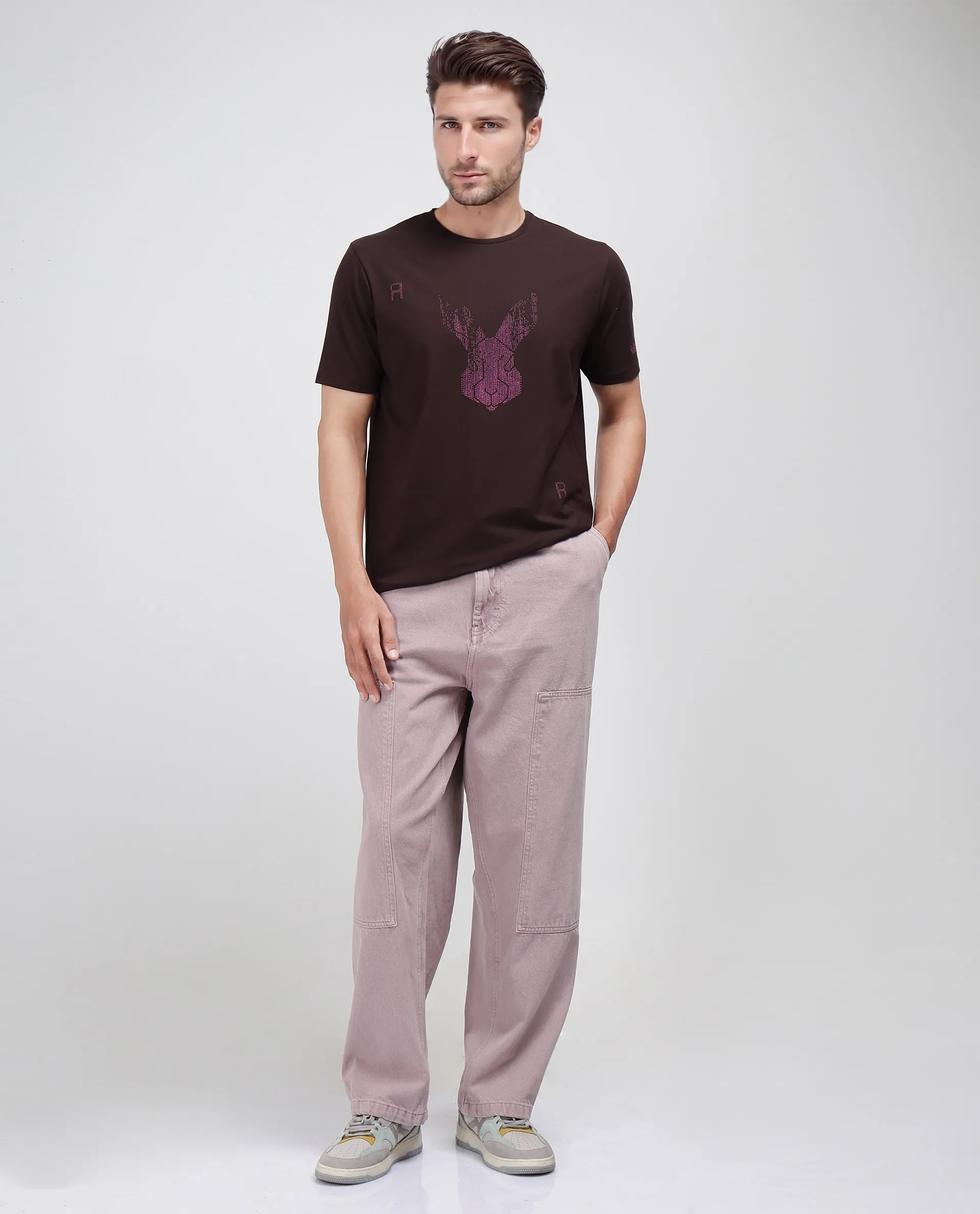 Rare Rabbit Men's Log Brown Cotton Blend Graphic Print Regular Fit Half Sleeve Crew Neck T-Shirt - Image 2