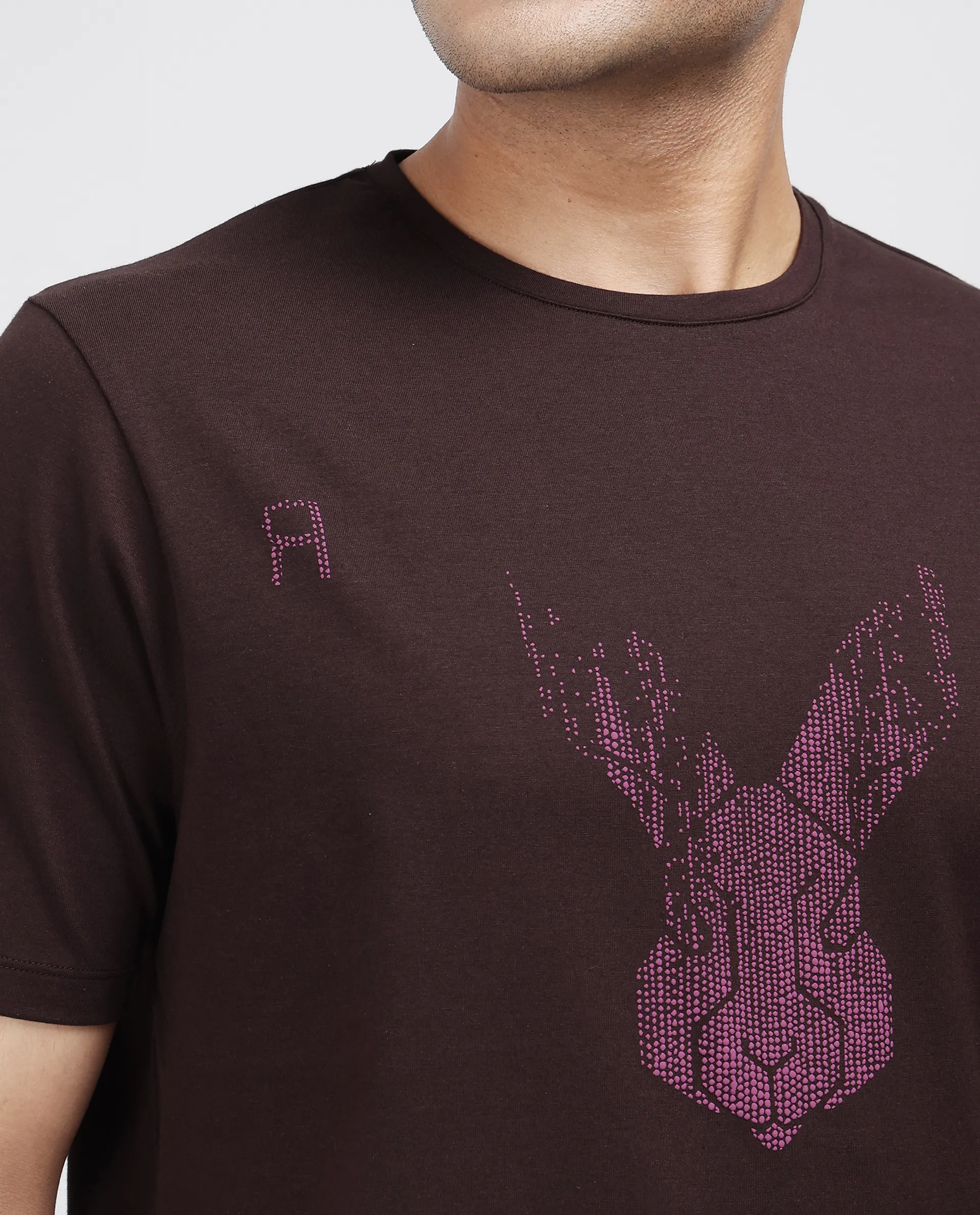Rare Rabbit Men's Log Brown Cotton Blend Graphic Print Regular Fit Half Sleeve Crew Neck T-Shirt - Image 3