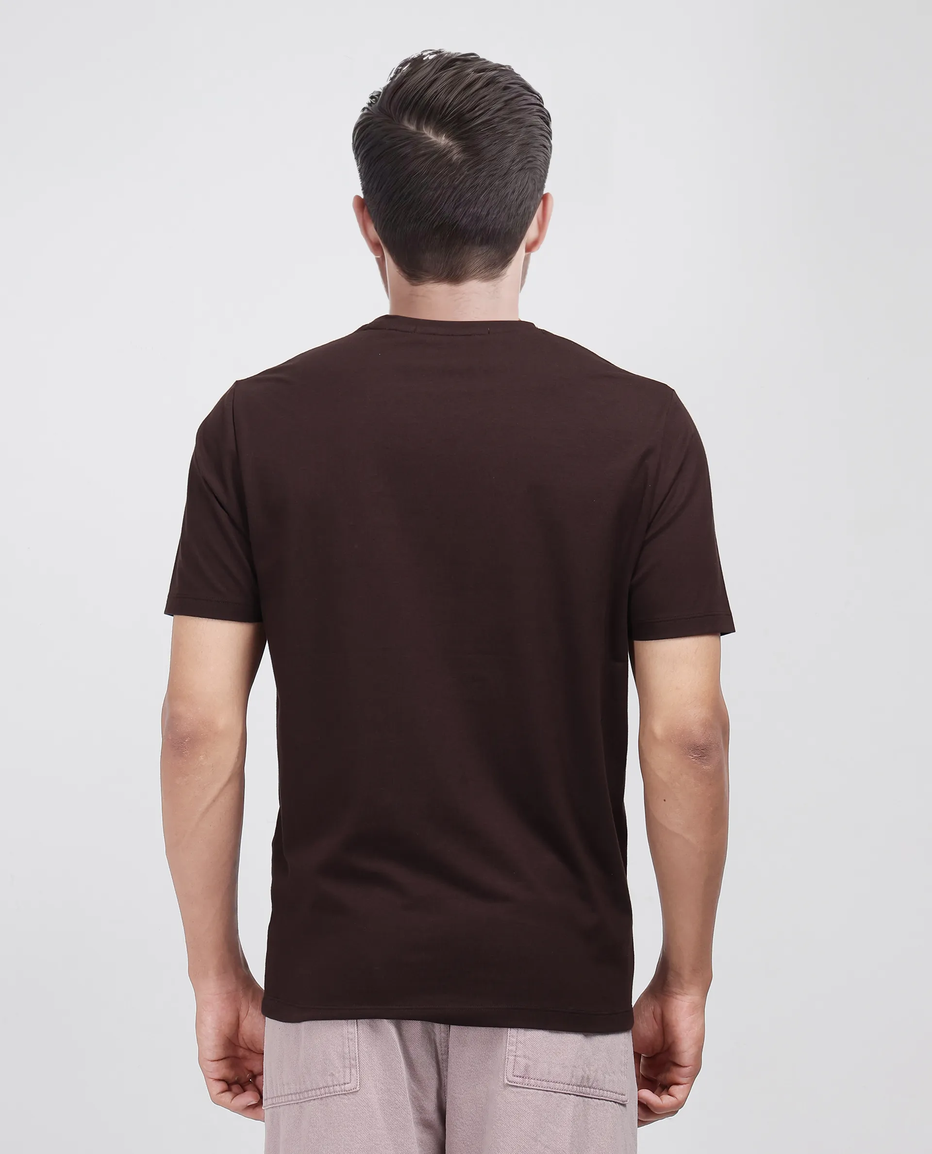 Rare Rabbit Men's Log Brown Cotton Blend Graphic Print Regular Fit Half Sleeve Crew Neck T-Shirt - Image 4