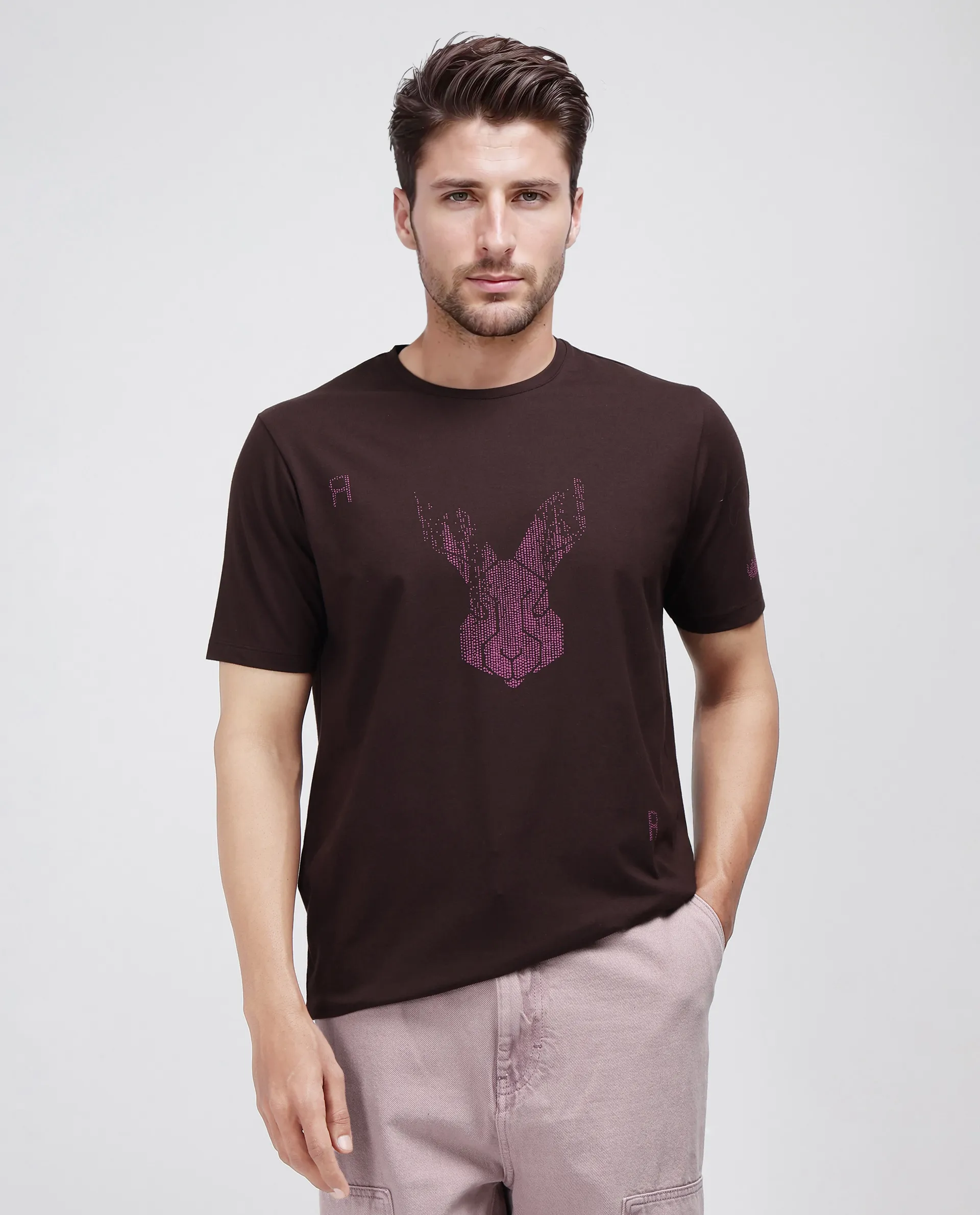 Rare Rabbit Men's Log Brown Cotton Blend Graphic Print Regular Fit Half Sleeve Crew Neck T-Shirt - Image 5