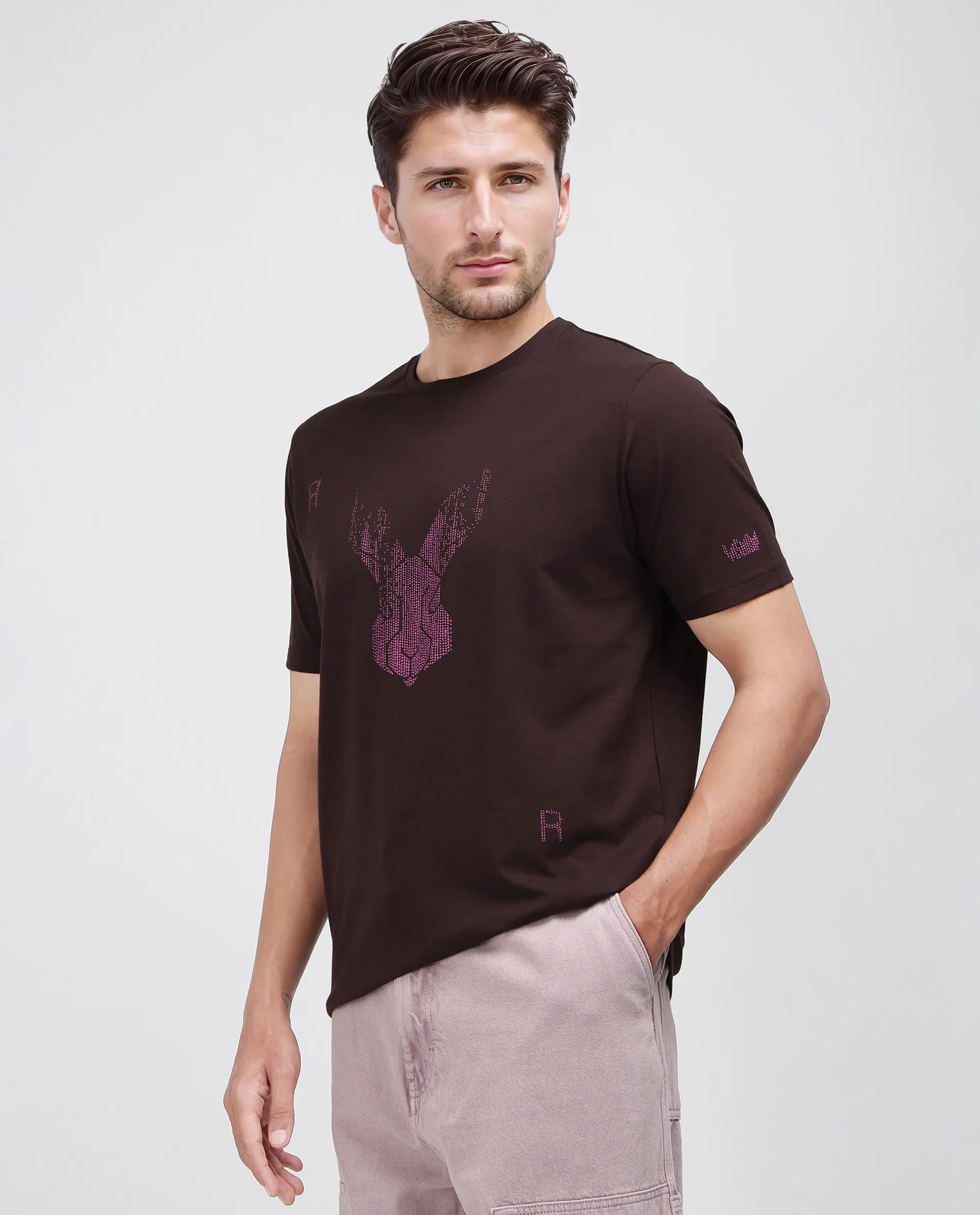 Rare Rabbit Men's Log Brown Cotton Blend Graphic Print Regular Fit Half Sleeve Crew Neck T-Shirt - Image 6