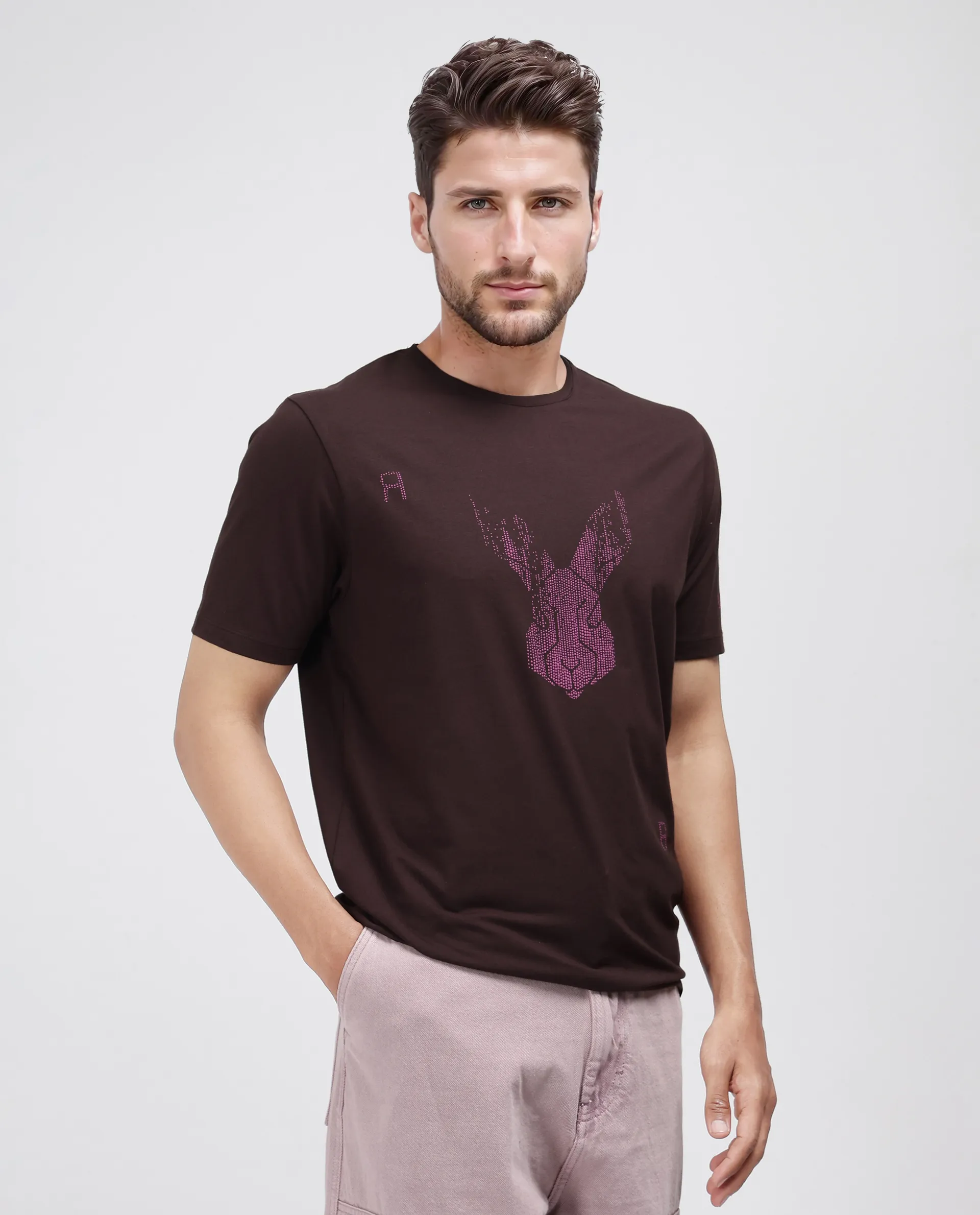 Rare Rabbit Men's Log Brown Cotton Blend Graphic Print Regular Fit Half Sleeve Crew Neck T-Shirt - Image 7