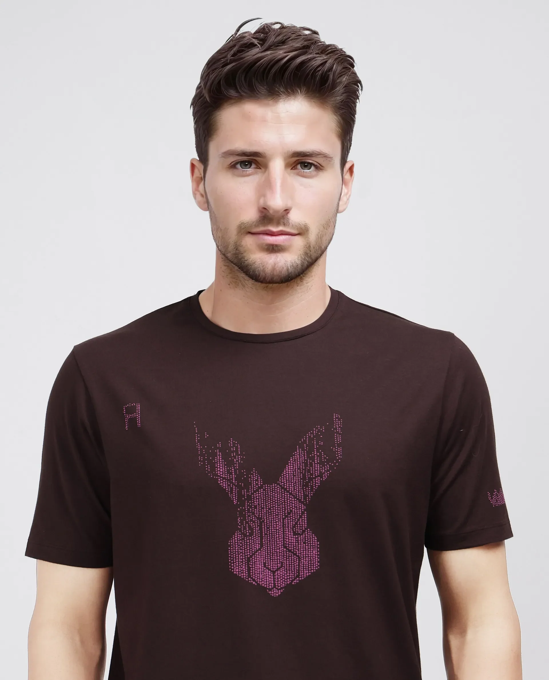Rare Rabbit Men's Log Brown Cotton Blend Graphic Print Regular Fit Half Sleeve Crew Neck T-Shirt - Image 8
